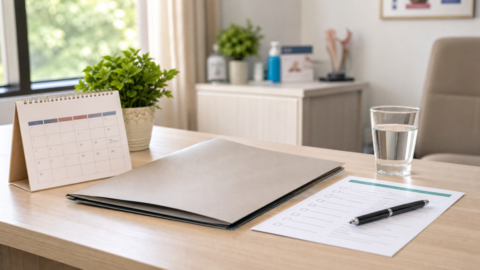 Prescription folder, follow-up calendar, medicine checklist, pen, and water arranged on a clean consultation desk