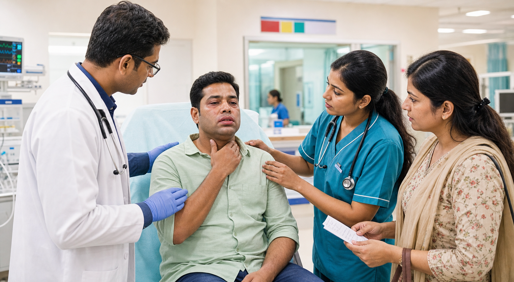 Doctor and nurse assessing a patient with allergic reaction warning signs in a hospital triage area