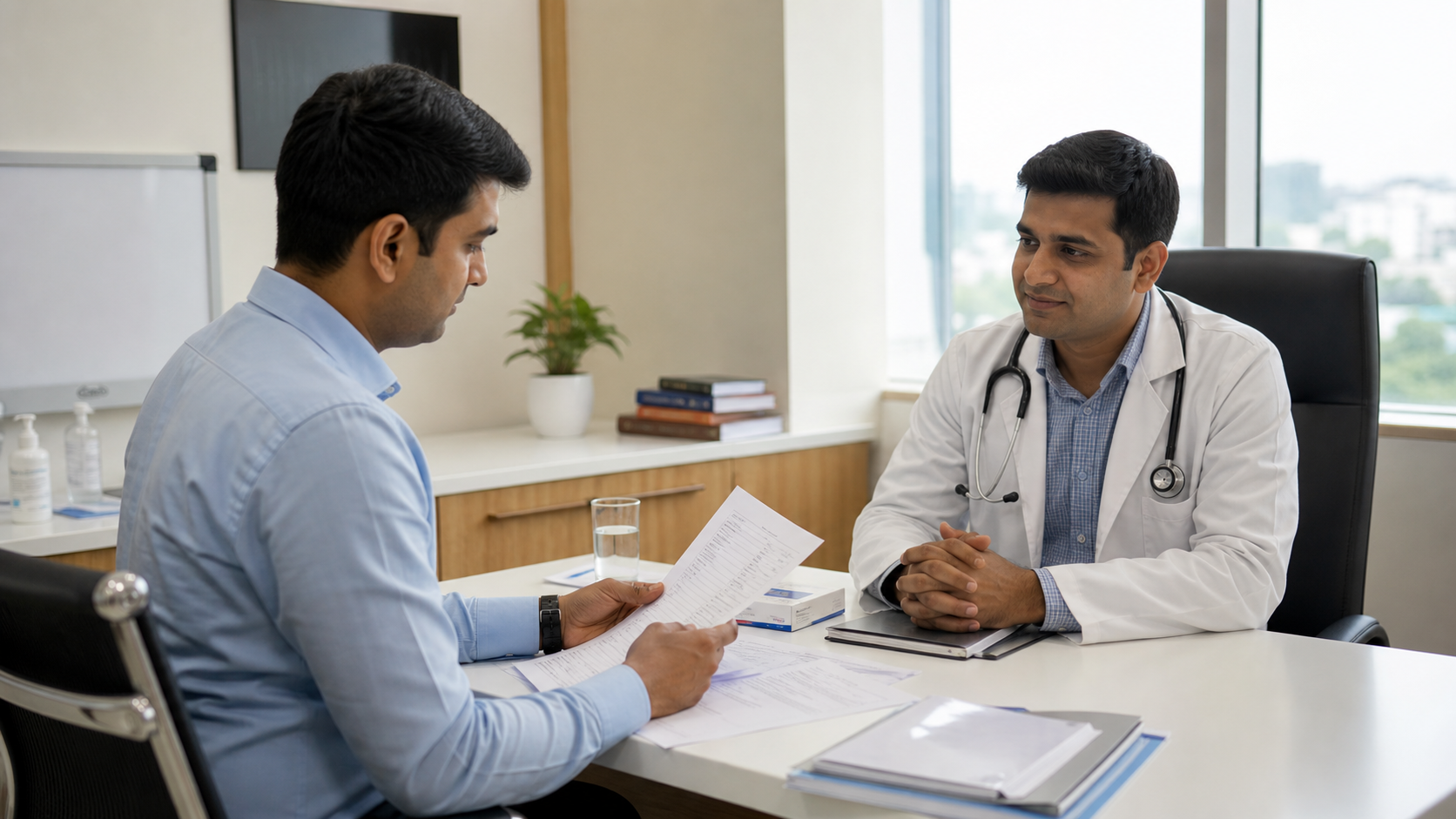 Patient reviewing an organised health summary, medicine list, and reports with a doctor before an annual checkup
