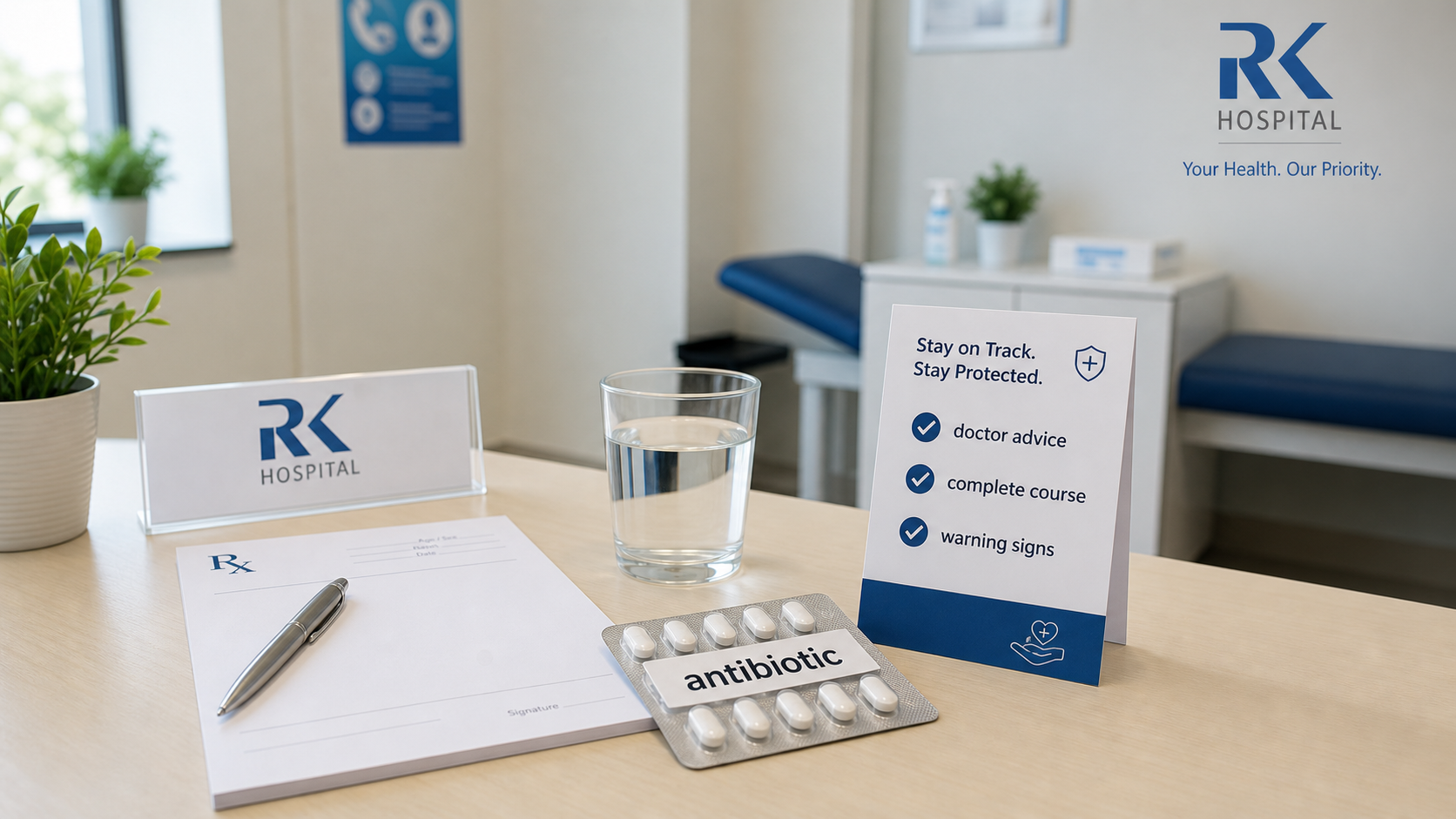 Prescription checklist, antibiotic strip, and water glass on a clean hospital desk