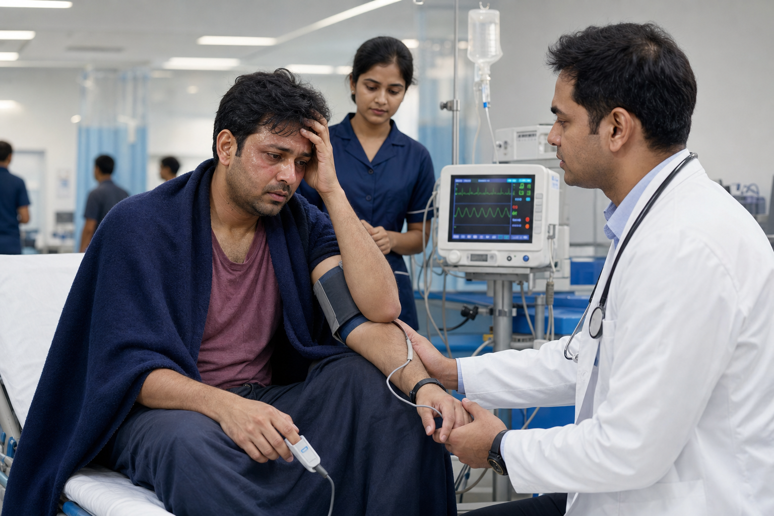 Doctor checking vitals for a patient with possible severe infection in an emergency triage area