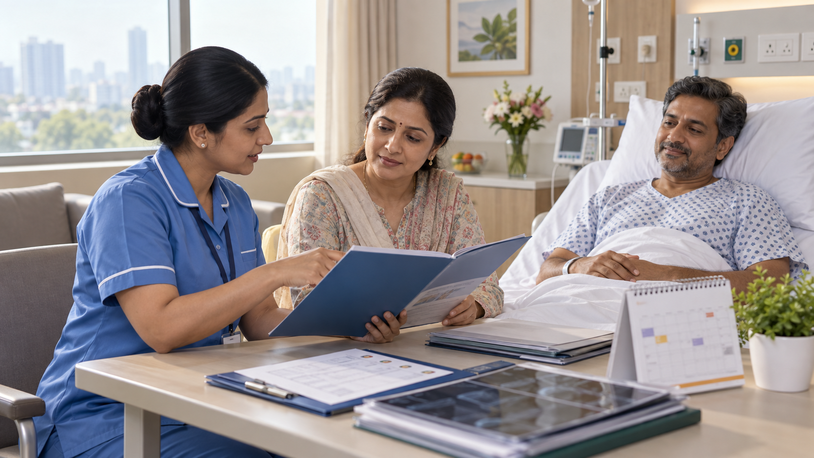 Family caregiver listening to a nurse explain hospital discharge instructions beside an adult patient