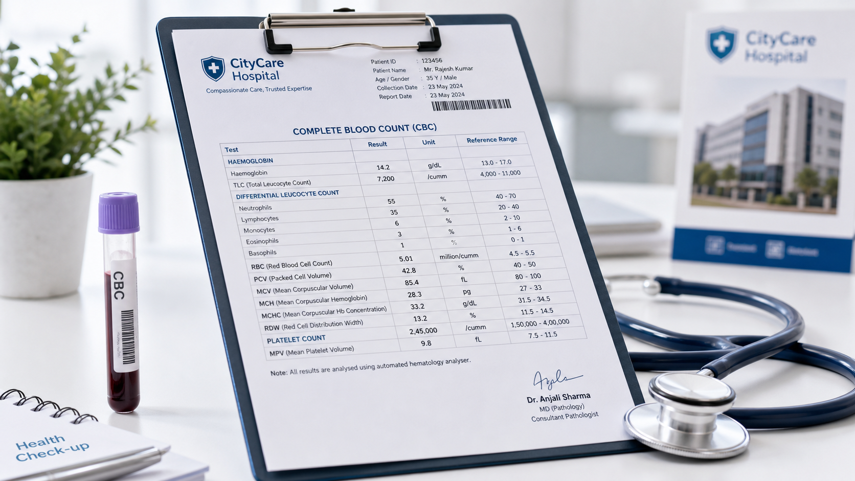 CBC blood test report on a clipboard with a stethoscope in a calm hospital setting