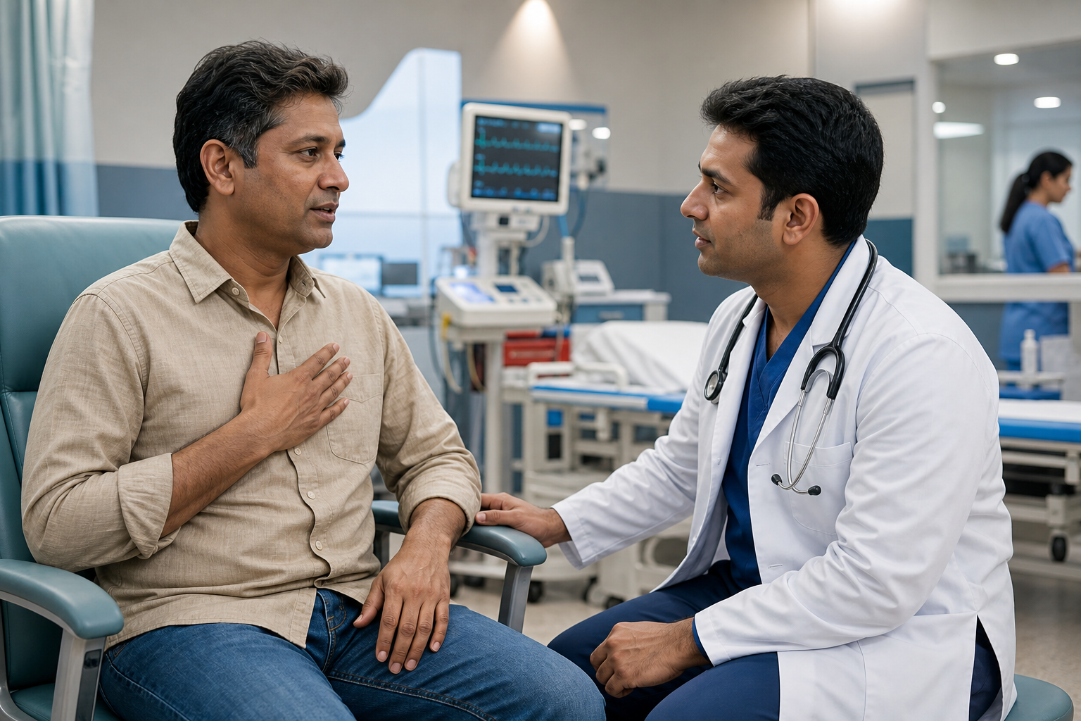 Patient discussing chest discomfort with an emergency doctor in a hospital triage area