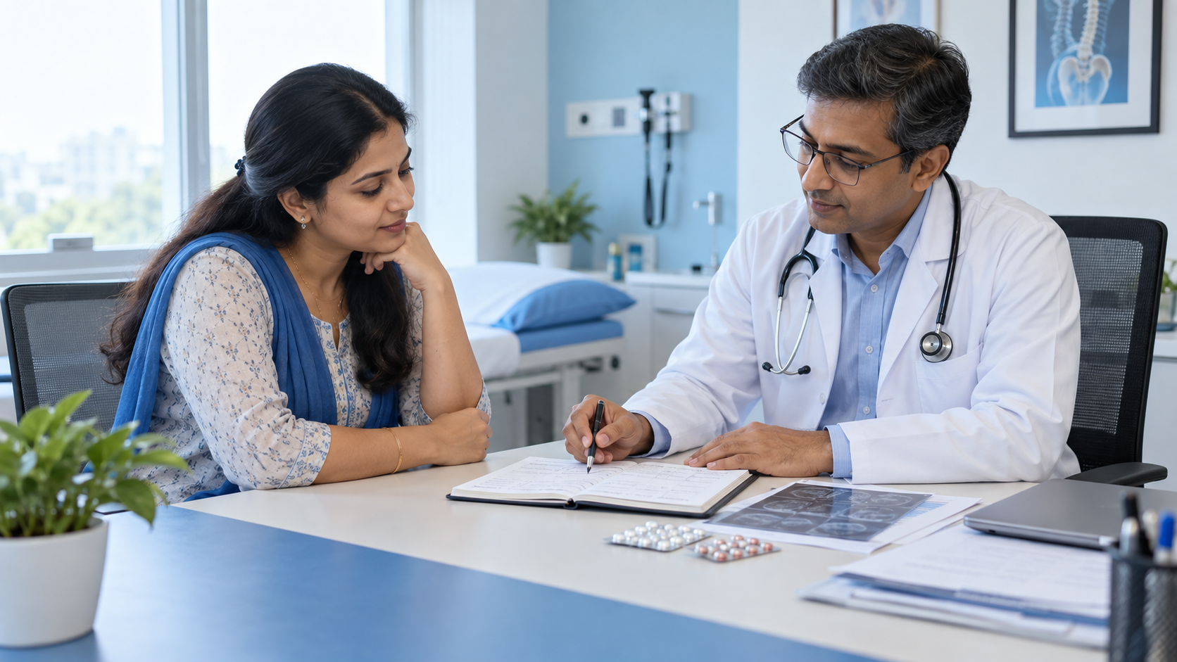Patient reviewing a pain and activity diary, medicine list, and reports with a doctor during a chronic pain consultation