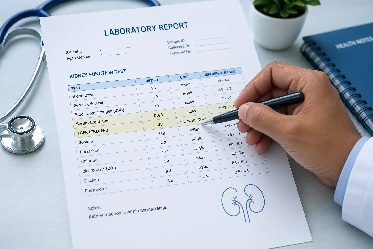 Doctor reviewing a kidney function test report with creatinine and eGFR highlighted