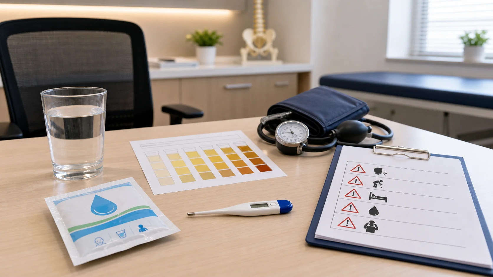 Clean hospital desk with water glass, ORS sachet, urine colour chart, BP cuff, thermometer, and dehydration warning-sign checklist