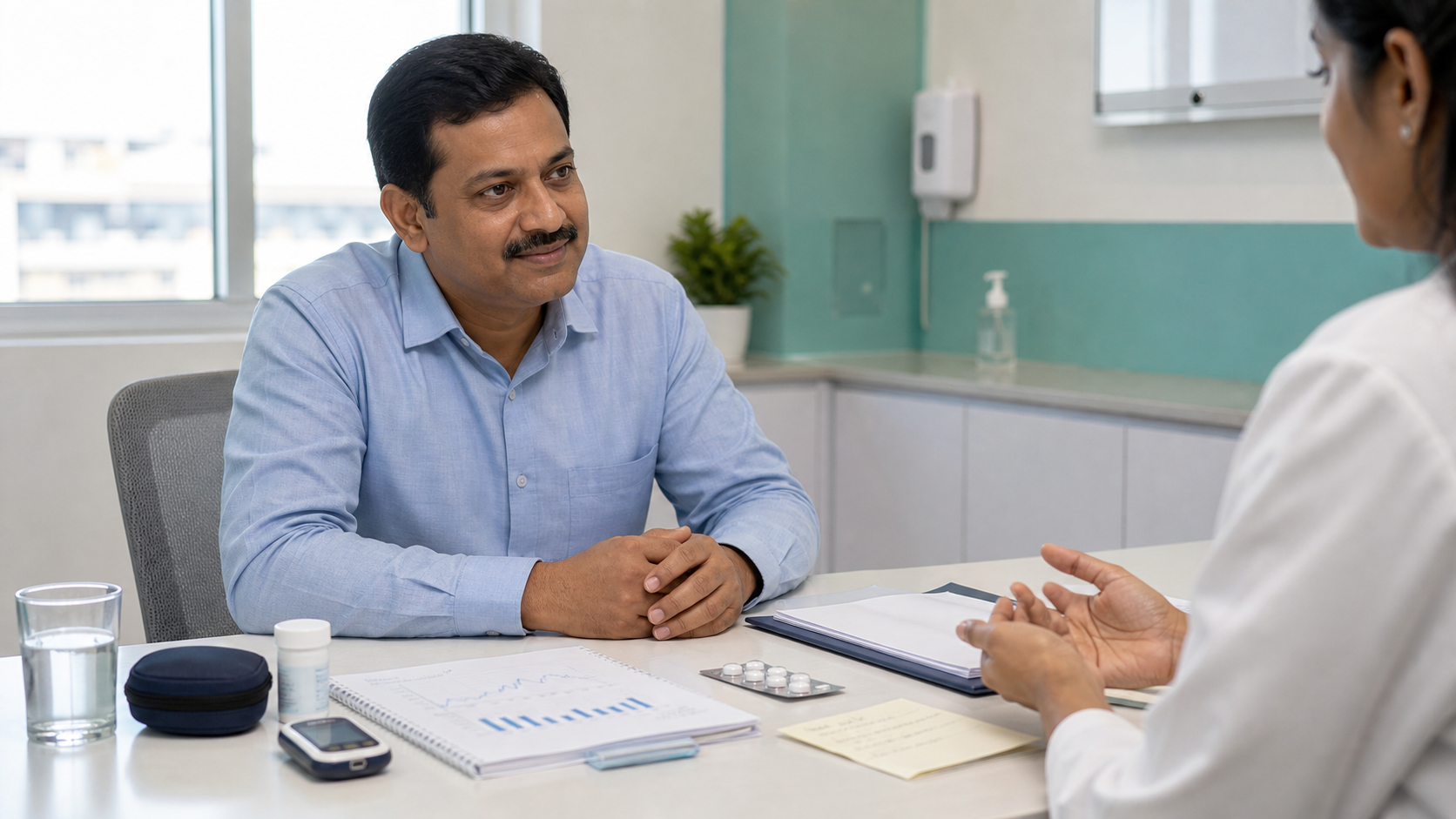 Patient preparing a glucose log, medicines, reports, and questions for a diabetes doctor appointment