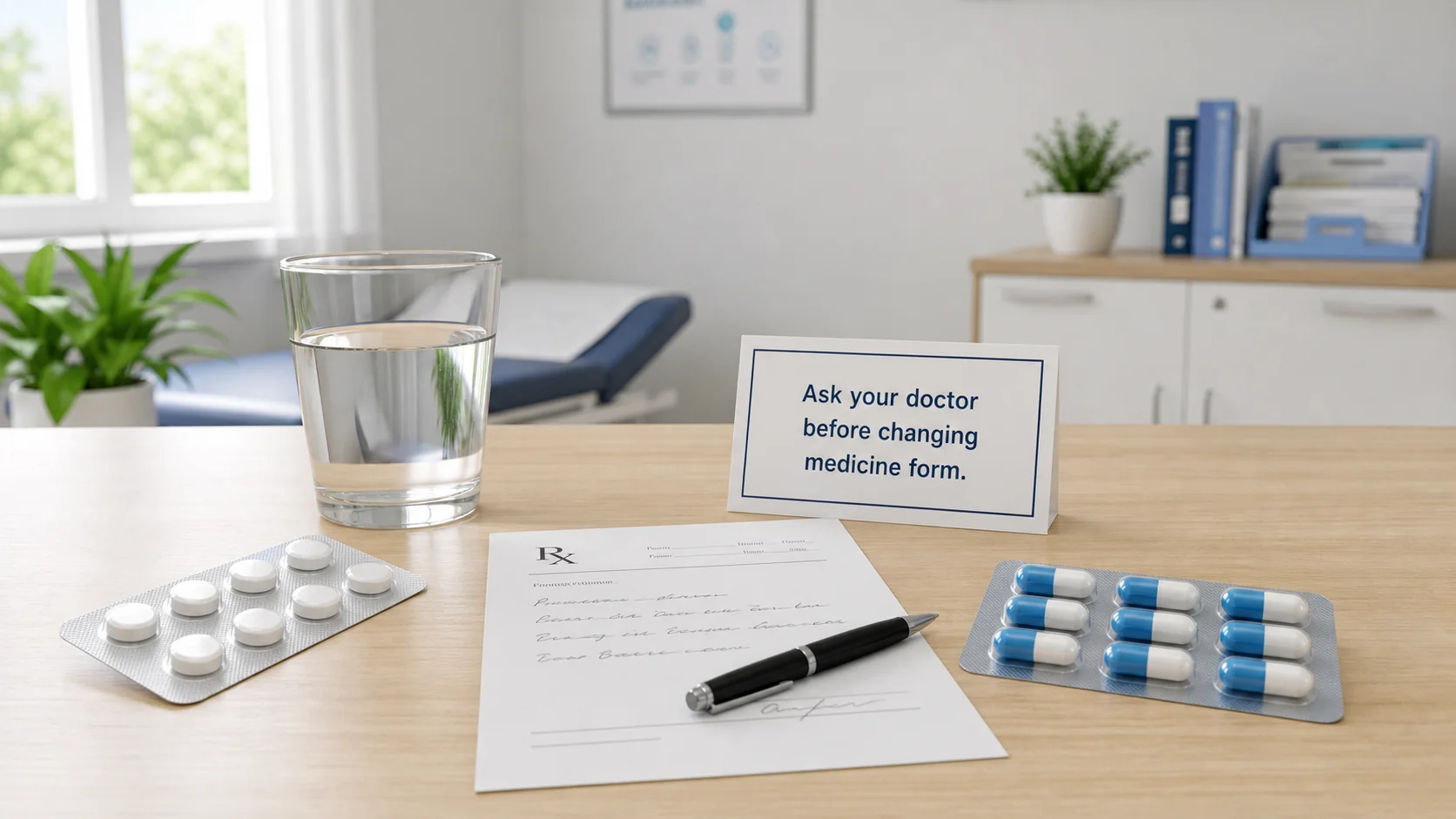 Tablet and capsule strips with a water glass and patient safety note on a clean hospital desk