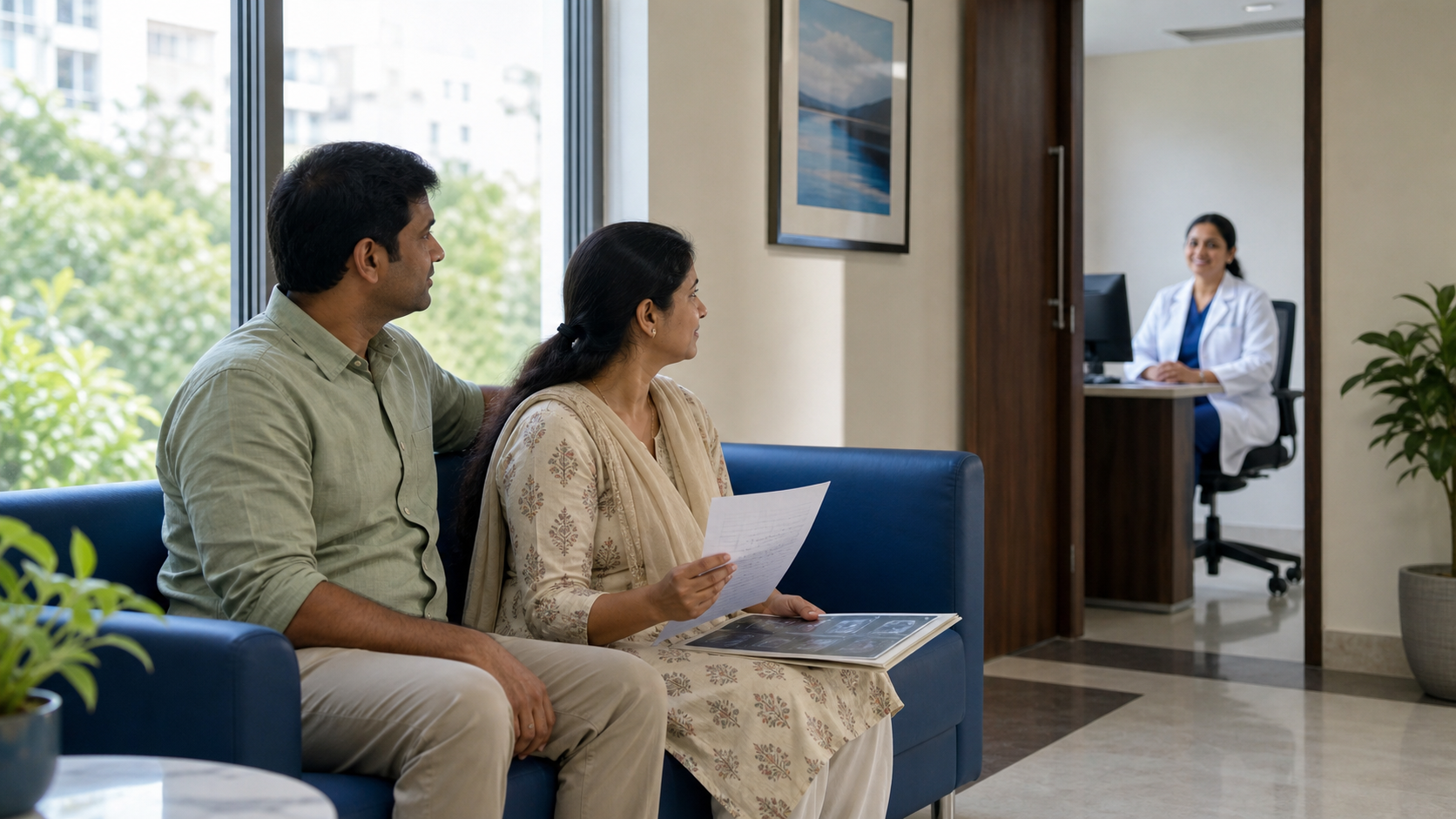 A patient with a supportive family member carrying a question list and medical reports before a calm hospital consultation