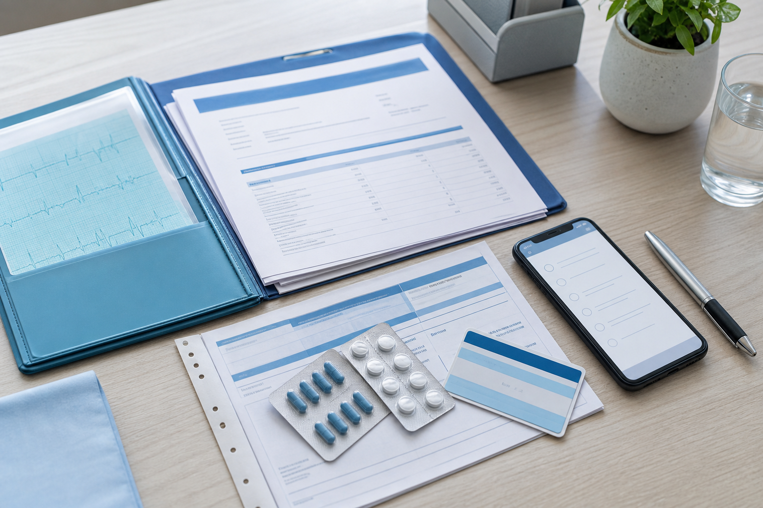 Medical reports folder, medicine strips, ID card, and appointment checklist arranged on a clean hospital desk
