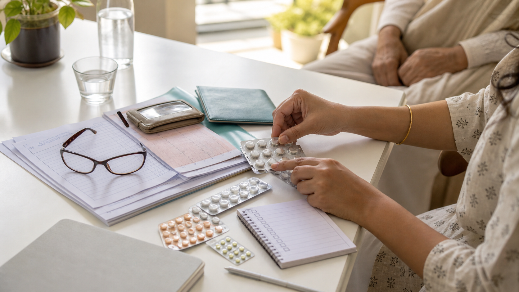 Adult child arranging prescriptions, medicine strips, reports, and a checklist before an elderly parent's hospital visit