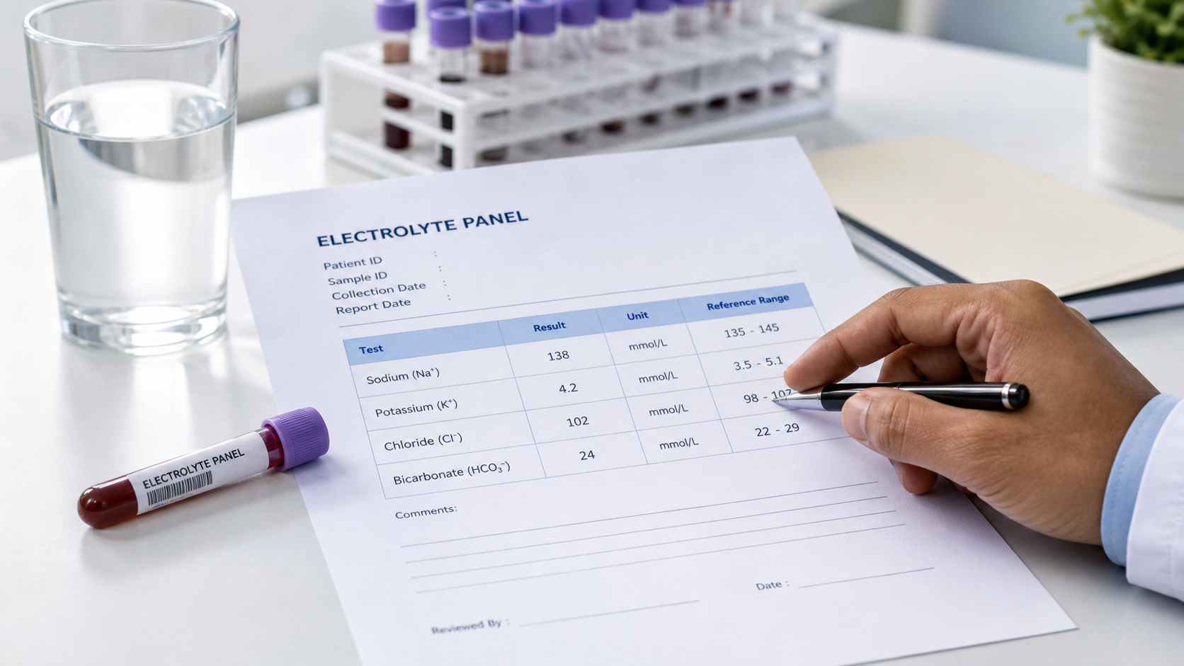 Electrolyte panel blood test report with sodium, potassium, chloride, bicarbonate, a sample tube, and water glass on a clean hospital lab desk