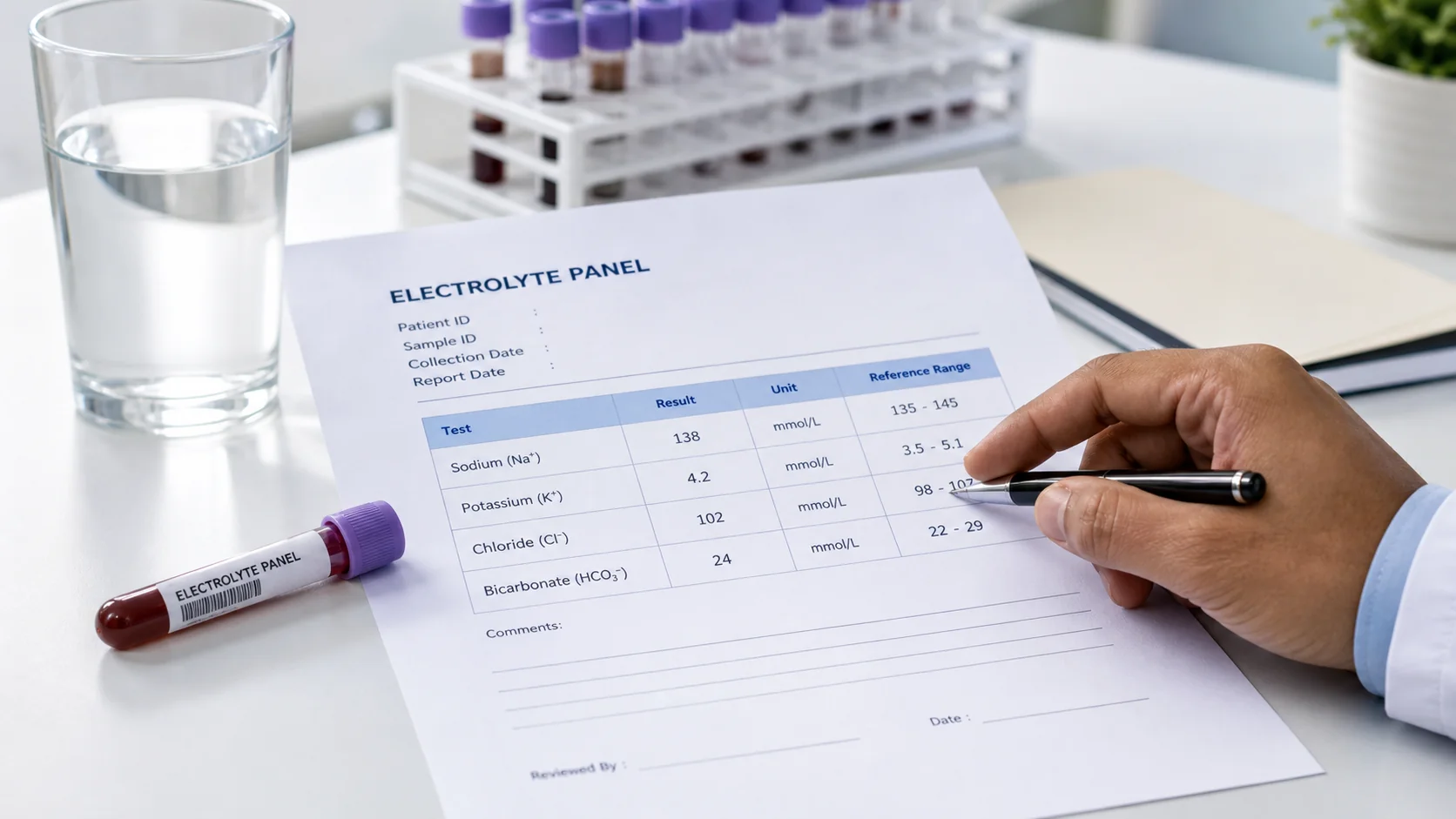 Electrolyte panel blood test report with sodium, potassium, chloride, bicarbonate, a sample tube, and water glass on a clean hospital lab desk