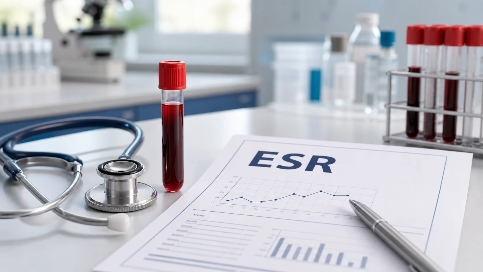 ESR blood test report with sample tube and stethoscope on a clean hospital desk