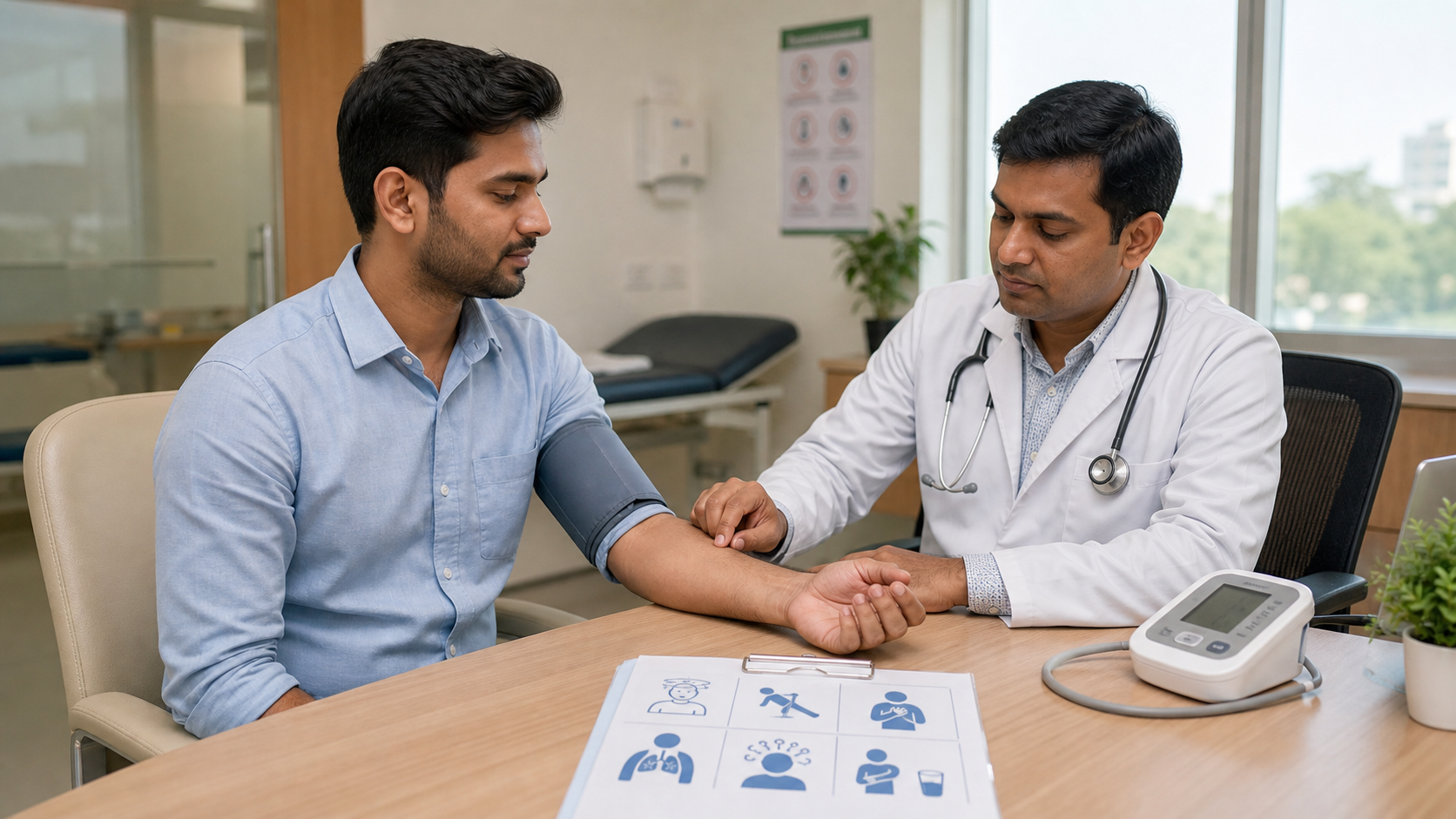 Doctor checking pulse and blood pressure after a fainting episode while a symptom checklist is kept on a hospital desk