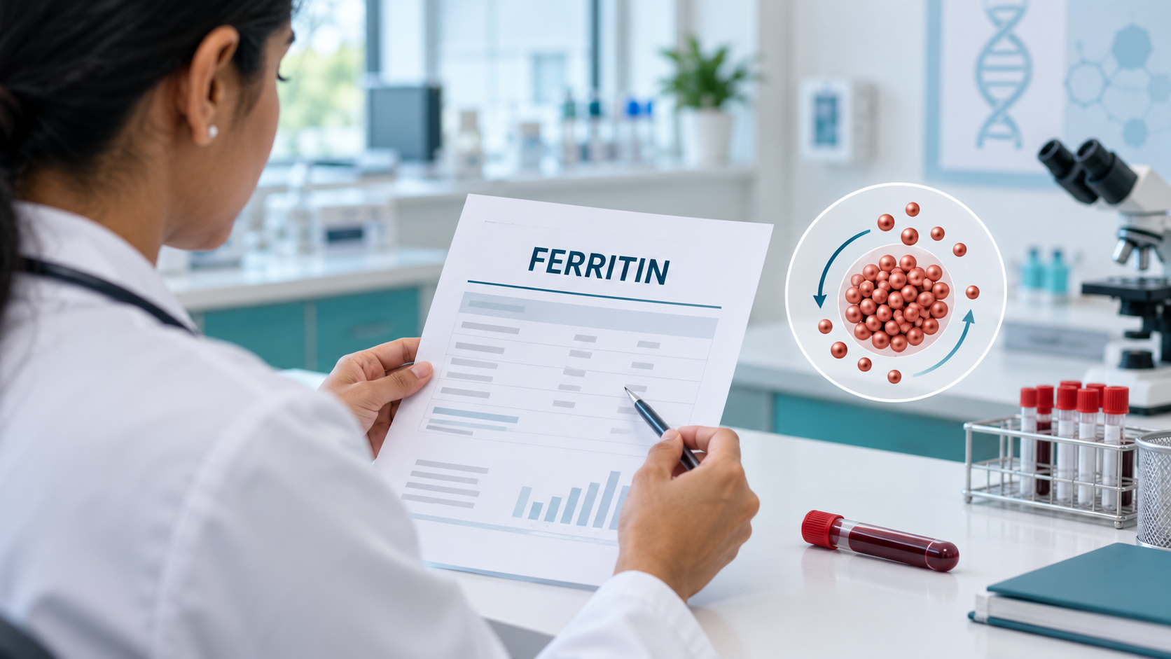 Clinician reviewing a ferritin blood test report with a sample tube and iron-storage visual