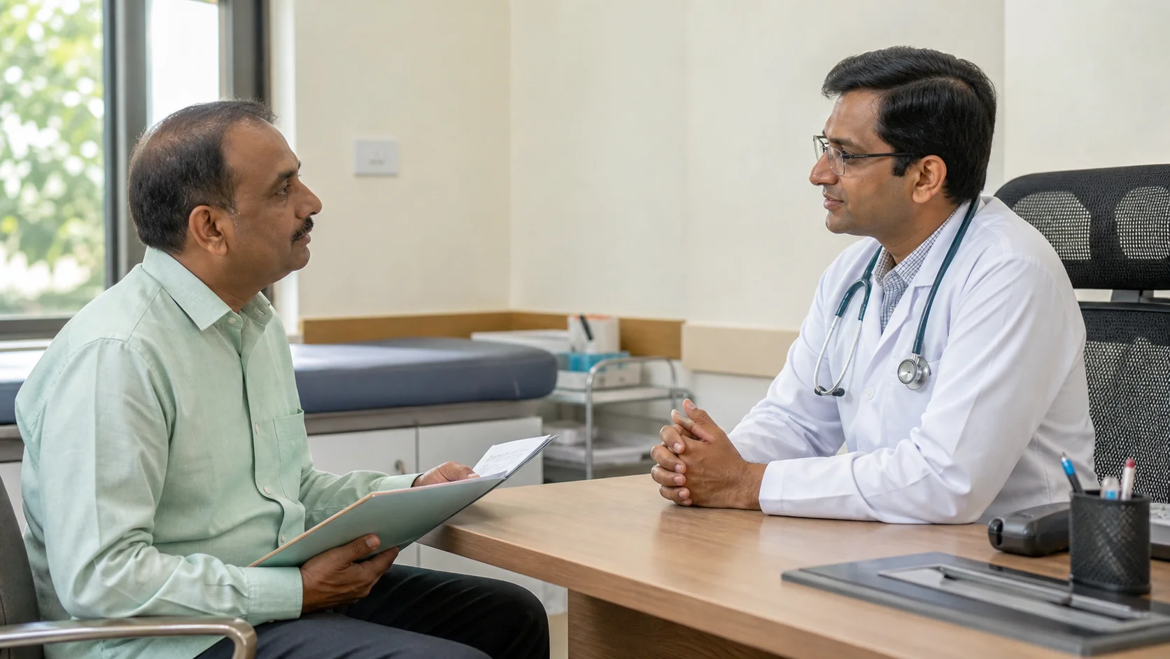 Patient carrying an organised report folder and medicine list during a first appointment with a new doctor