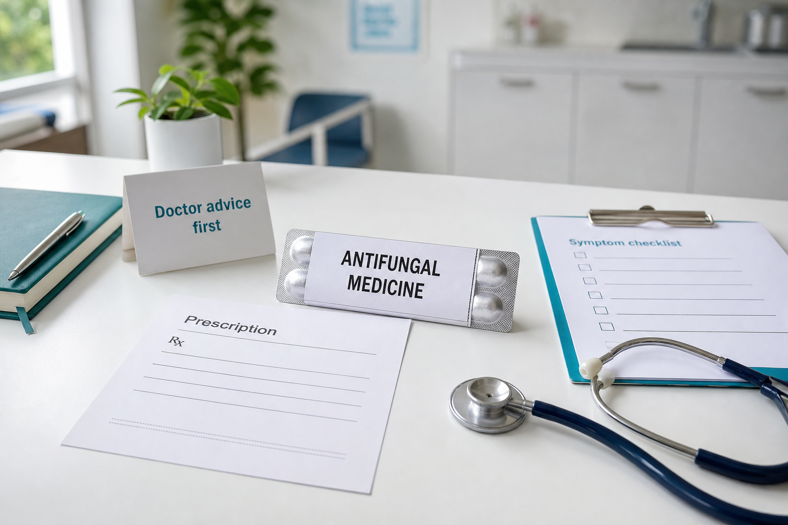 Clean clinic desk with antifungal medicine strip, prescription note, symptom checklist, stethoscope, and doctor-advice caution card