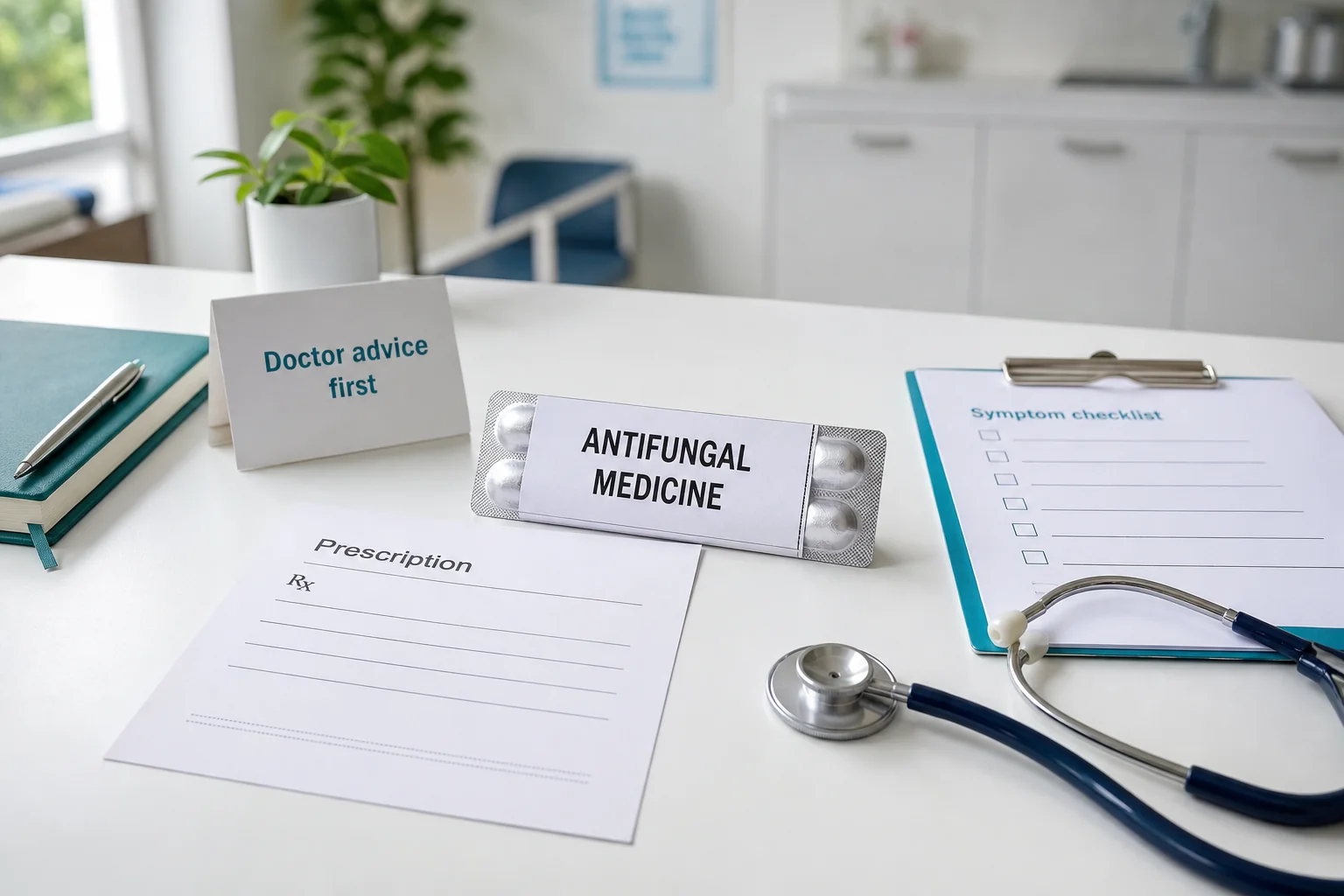 Clean clinic desk with antifungal medicine strip, prescription note, symptom checklist, stethoscope, and doctor-advice caution card