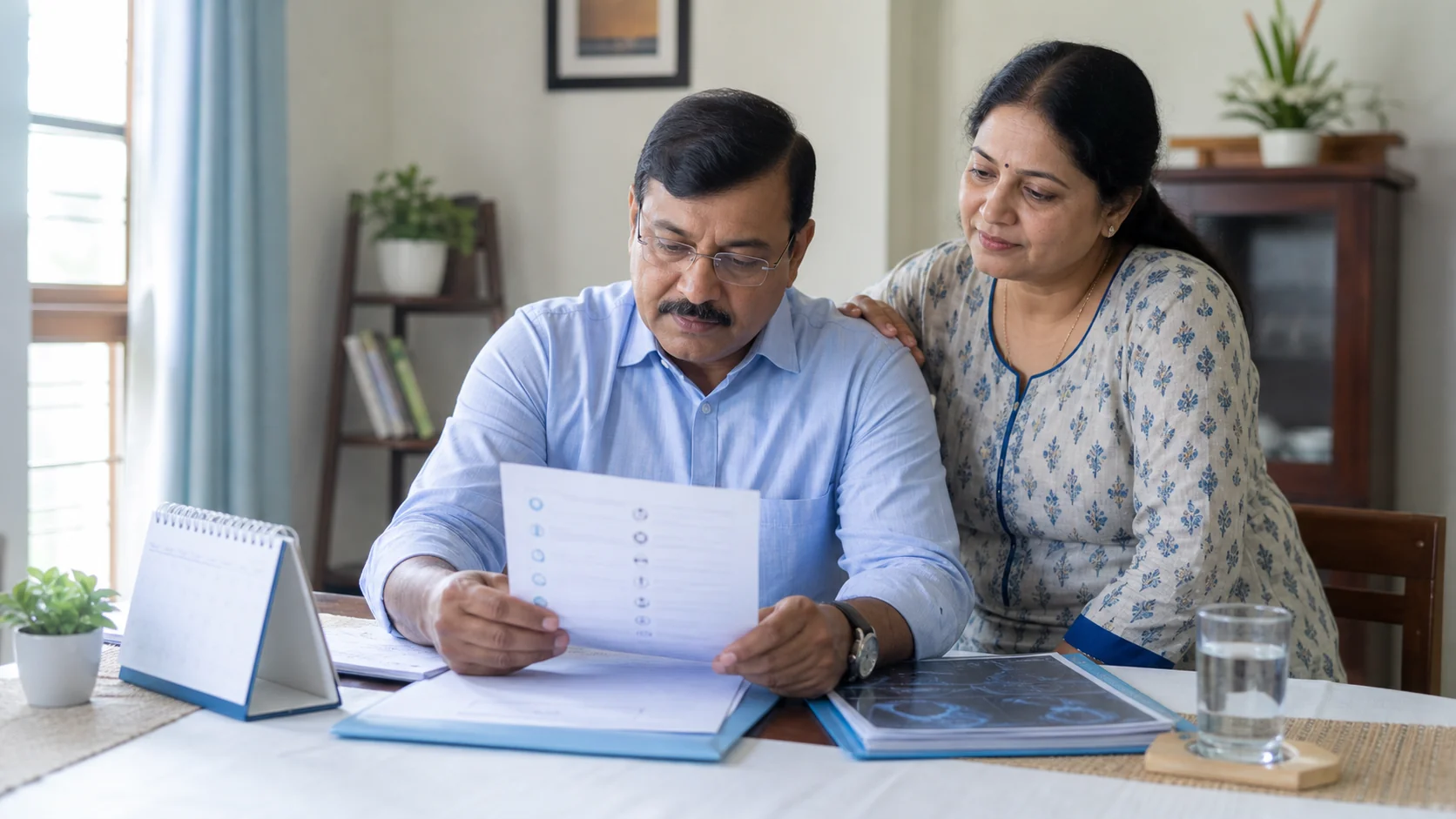Patient reviewing reports, medicines and a calendar before a follow-up doctor appointment