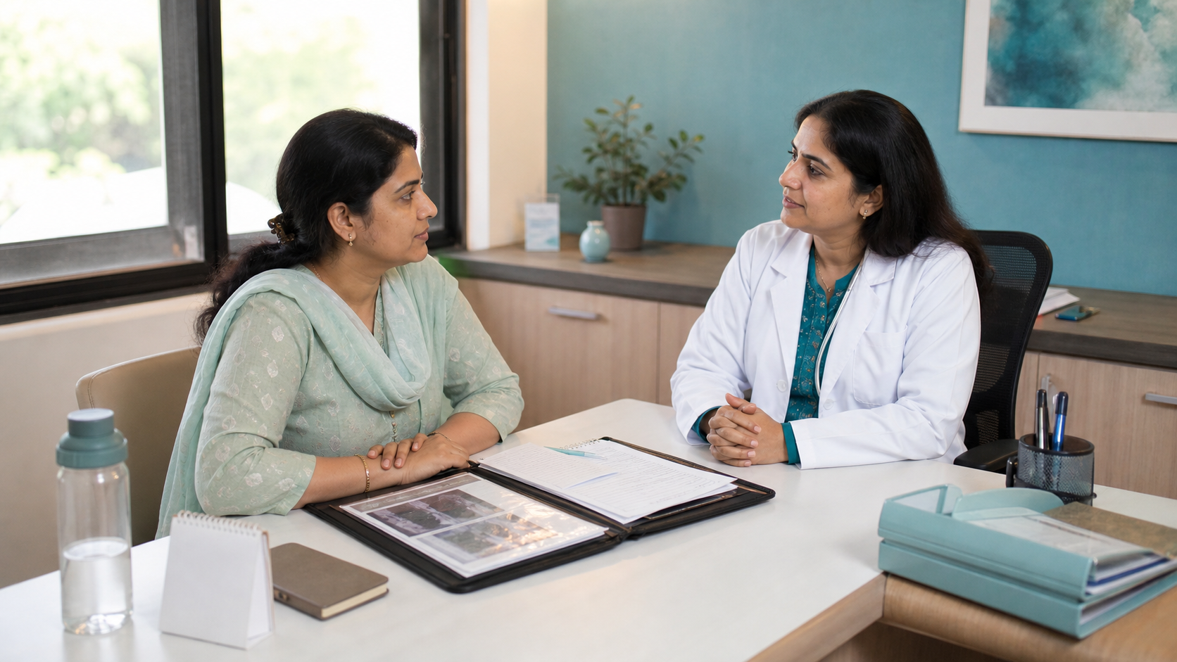 Woman preparing reports and a question list while speaking with a gynecologist in a calm hospital consultation room