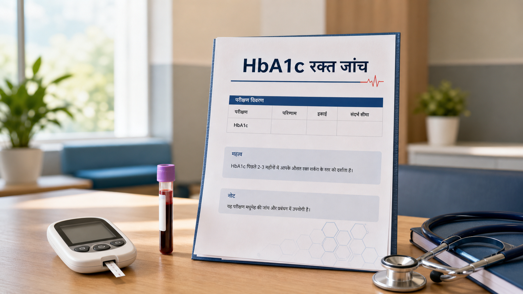 HbA1c blood test report with a blood sample tube and glucometer in a clean hospital lab setting