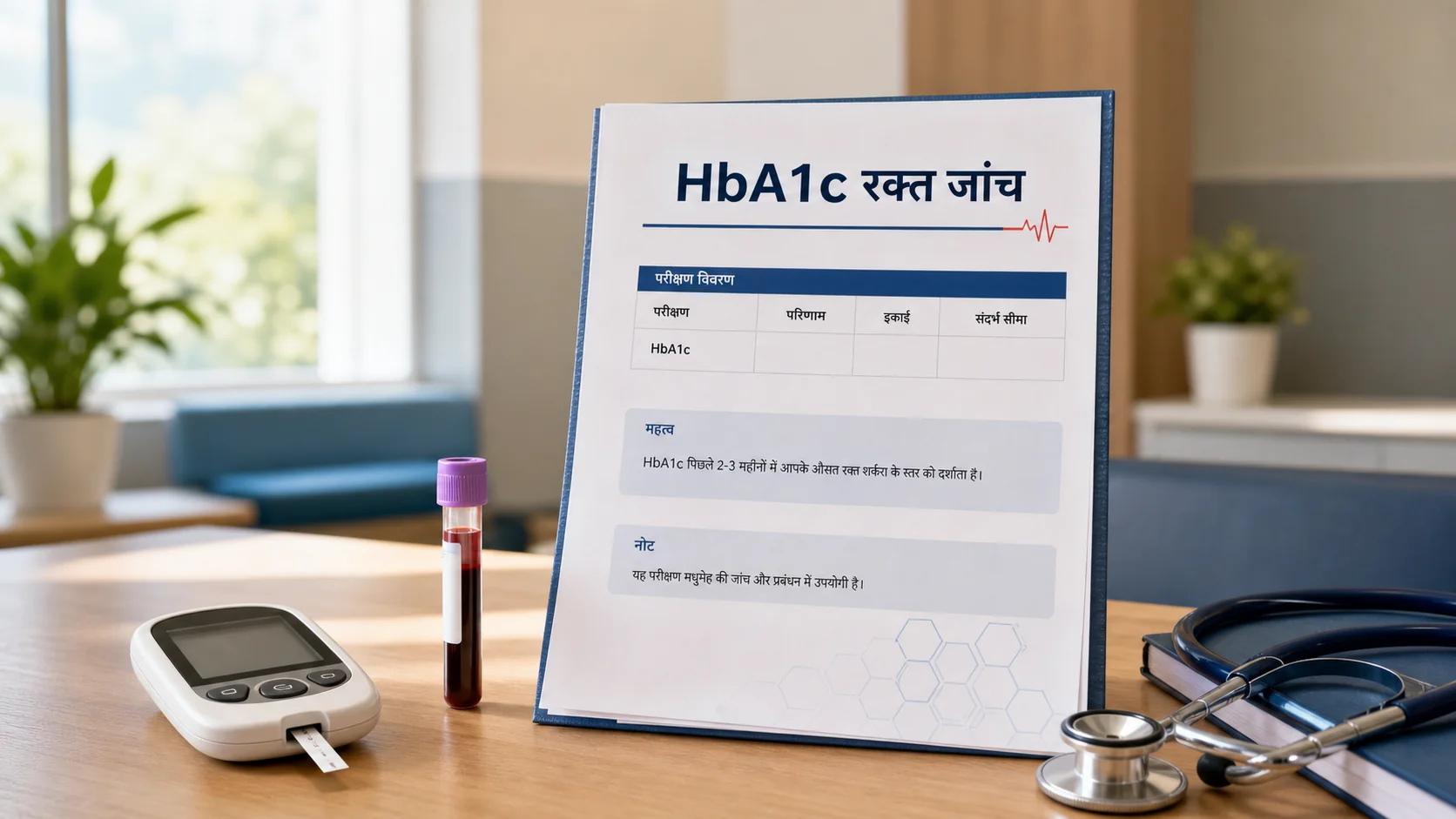 HbA1c blood test report with a blood sample tube and glucometer in a clean hospital lab setting