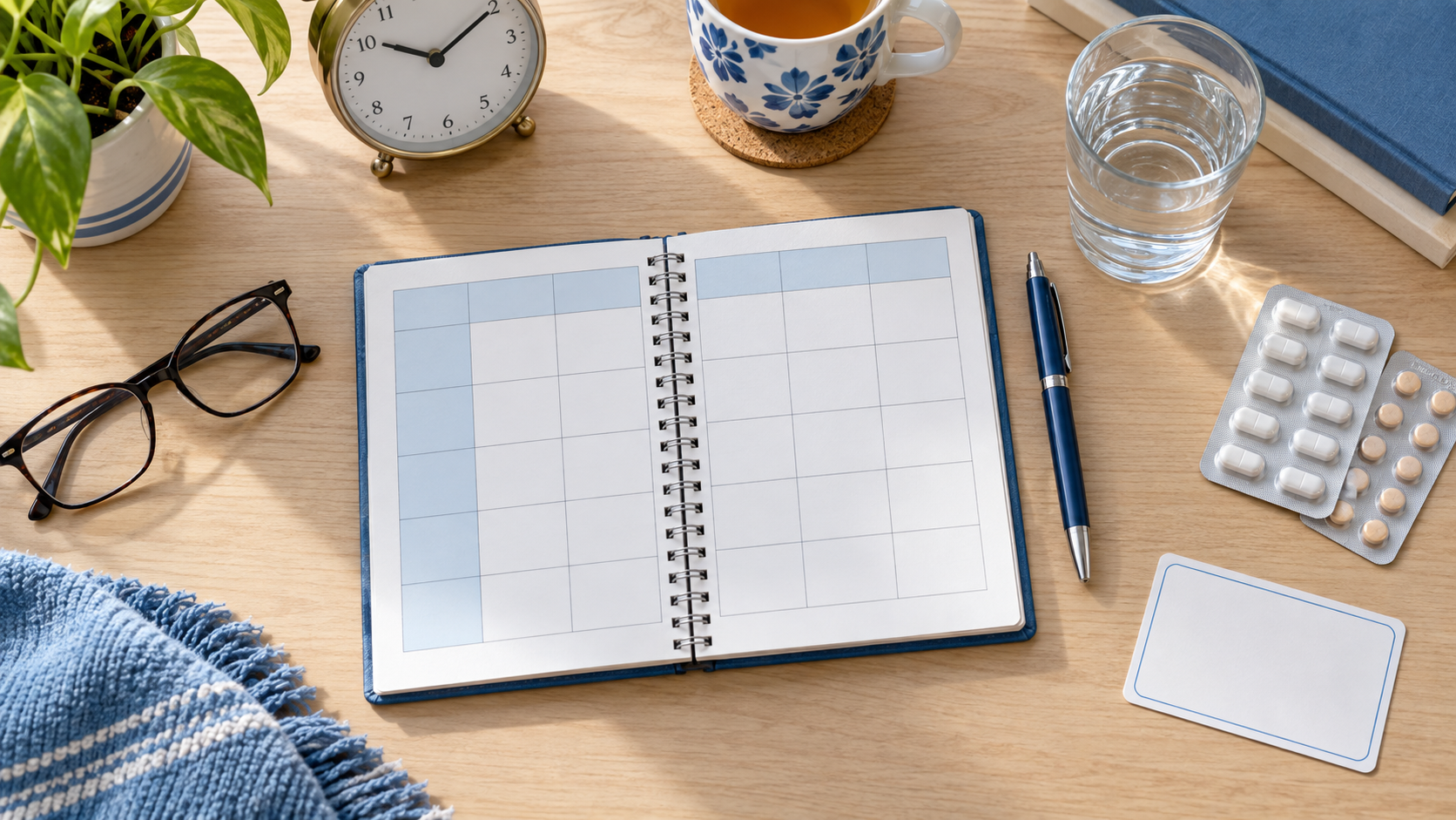 Headache diary notebook, clock, water glass, eyeglasses, and appointment items arranged on a clean desk