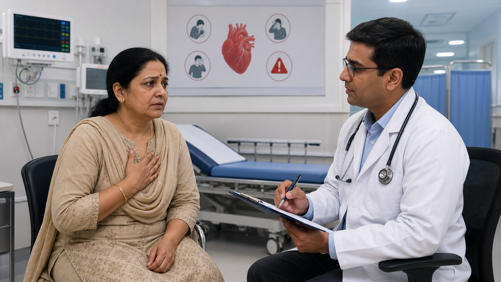 Doctor discussing possible heart attack warning signs with a woman in an emergency triage room