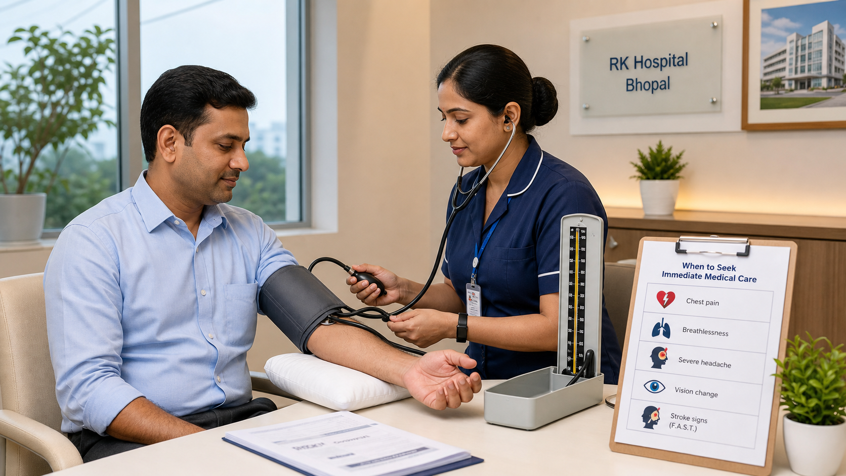 Nurse checking blood pressure while a patient reviews emergency warning signs