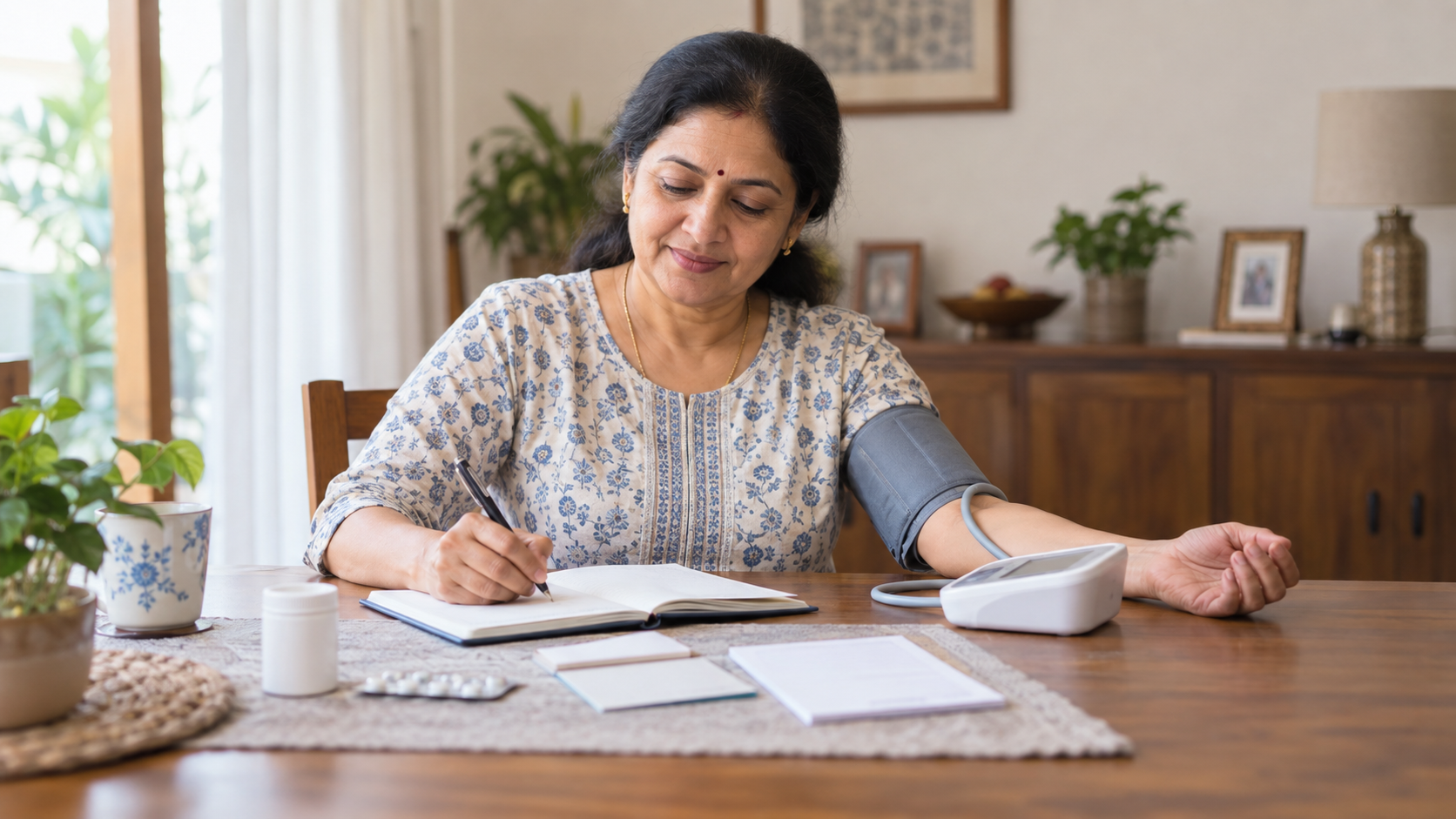 Patient recording readings in a home blood pressure log before a doctor visit