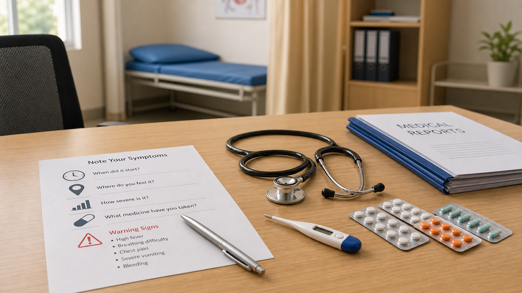 A clean hospital consultation desk with a symptom note sheet, reports, thermometer, medicine strips, and a stethoscope
