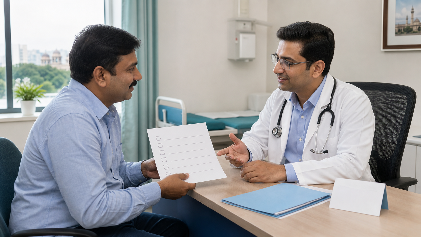 Patient using a checklist while meeting a general physician in a hospital consultation room