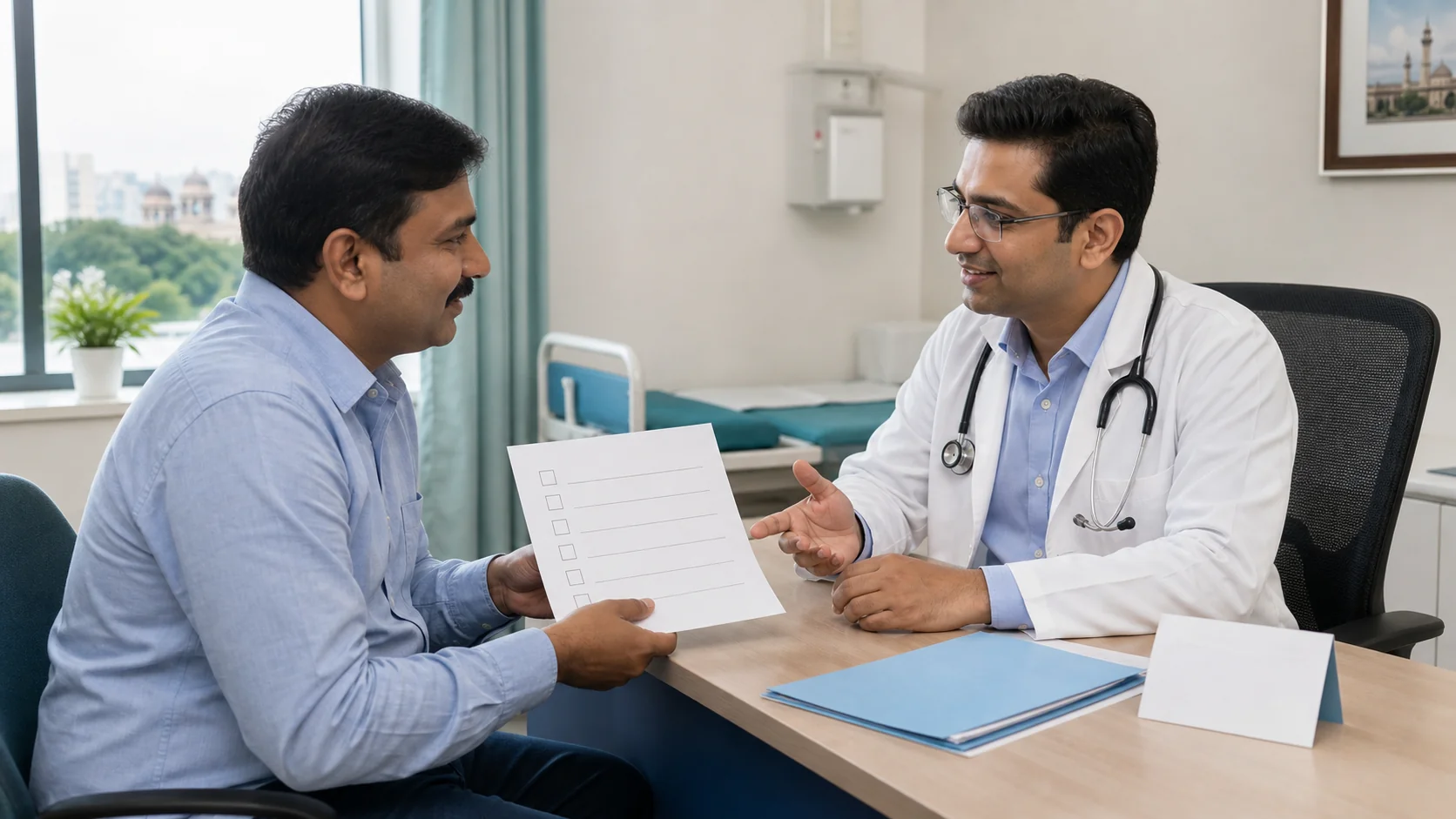 Patient using a checklist while meeting a general physician in a hospital consultation room