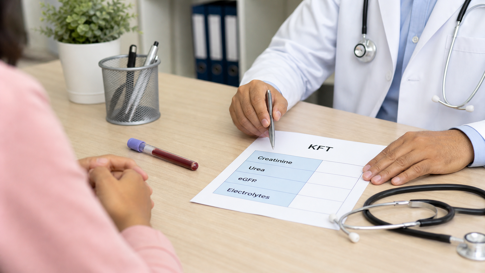 Doctor reviewing a kidney function test report with creatinine, urea, eGFR, and electrolytes highlighted