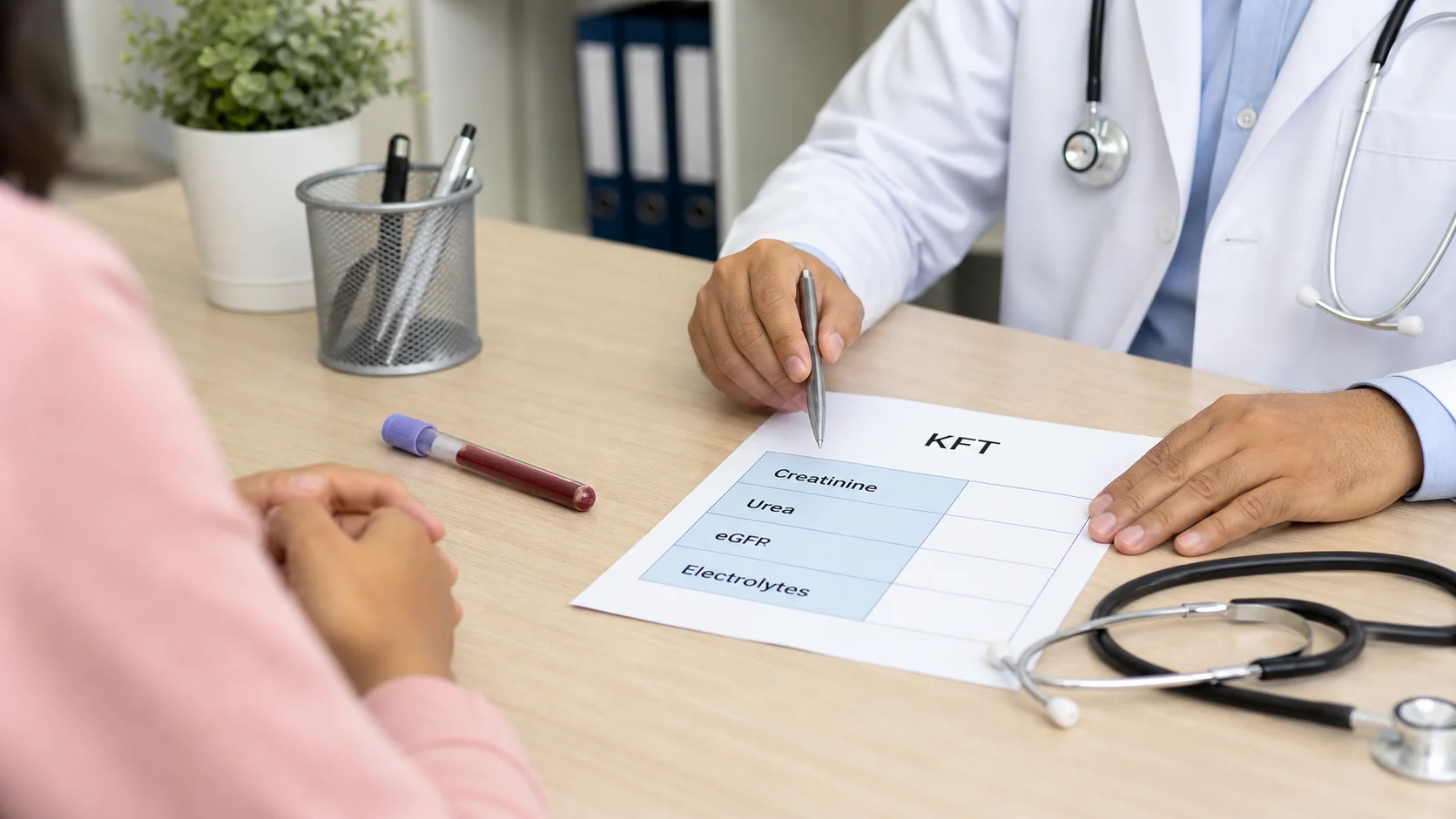 Doctor reviewing a kidney function test report with creatinine, urea, eGFR, and electrolytes highlighted