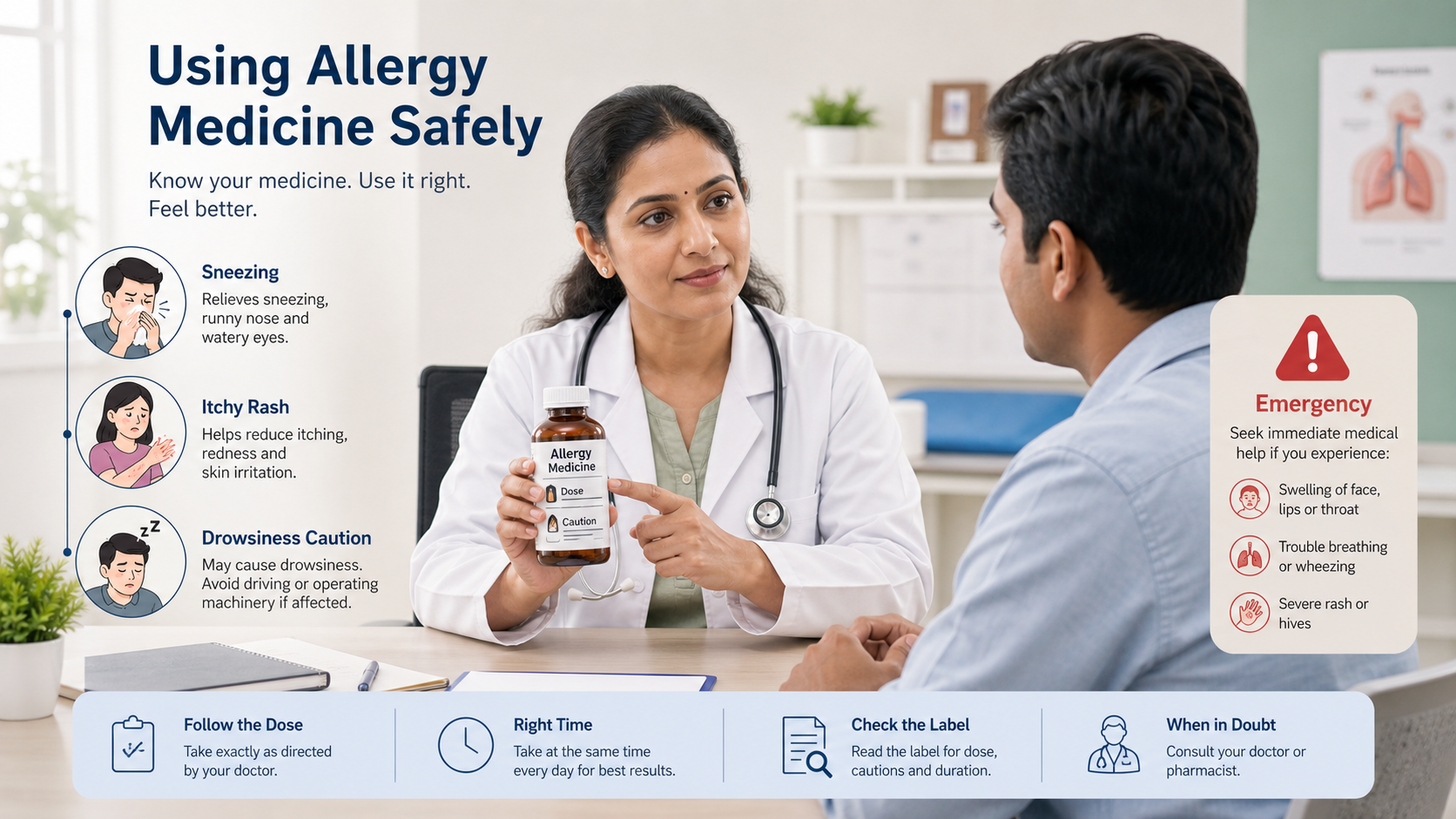 Doctor explaining allergy medicine safety to a patient in a calm hospital setting
