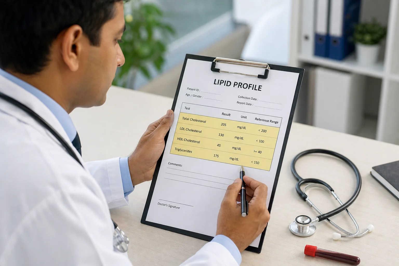 Doctor reviewing a lipid profile blood test report with total cholesterol, LDL, HDL, and triglycerides highlighted