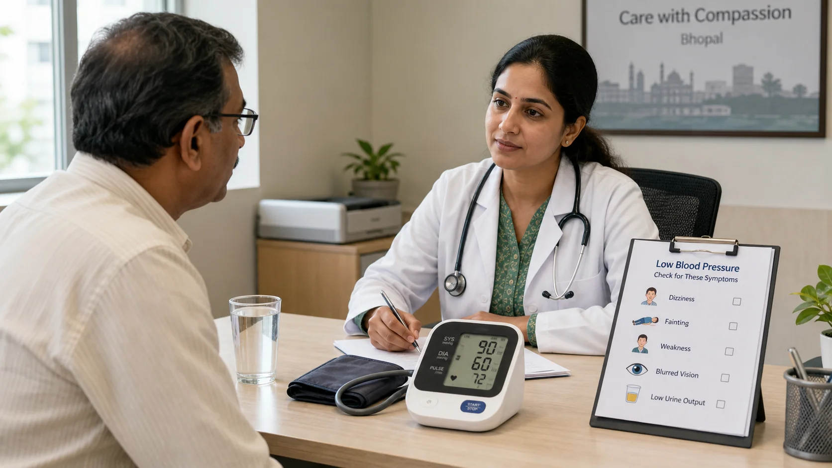Digital blood pressure monitor on a clean hospital desk with water glass and symptom checklist for dizziness, fainting, weakness, blurred vision, and low urine