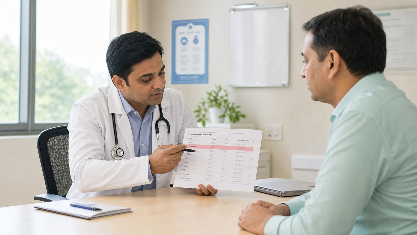 Doctor reviewing a CBC report with hemoglobin highlighted during an outpatient consultation