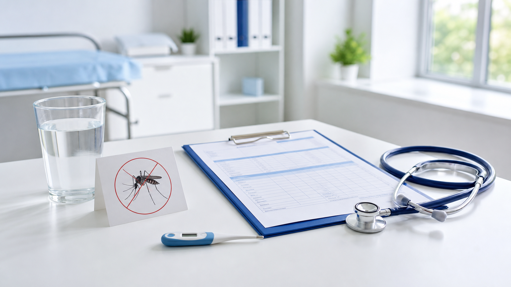 Thermometer, malaria test report, and stethoscope on a hospital desk for fever evaluation