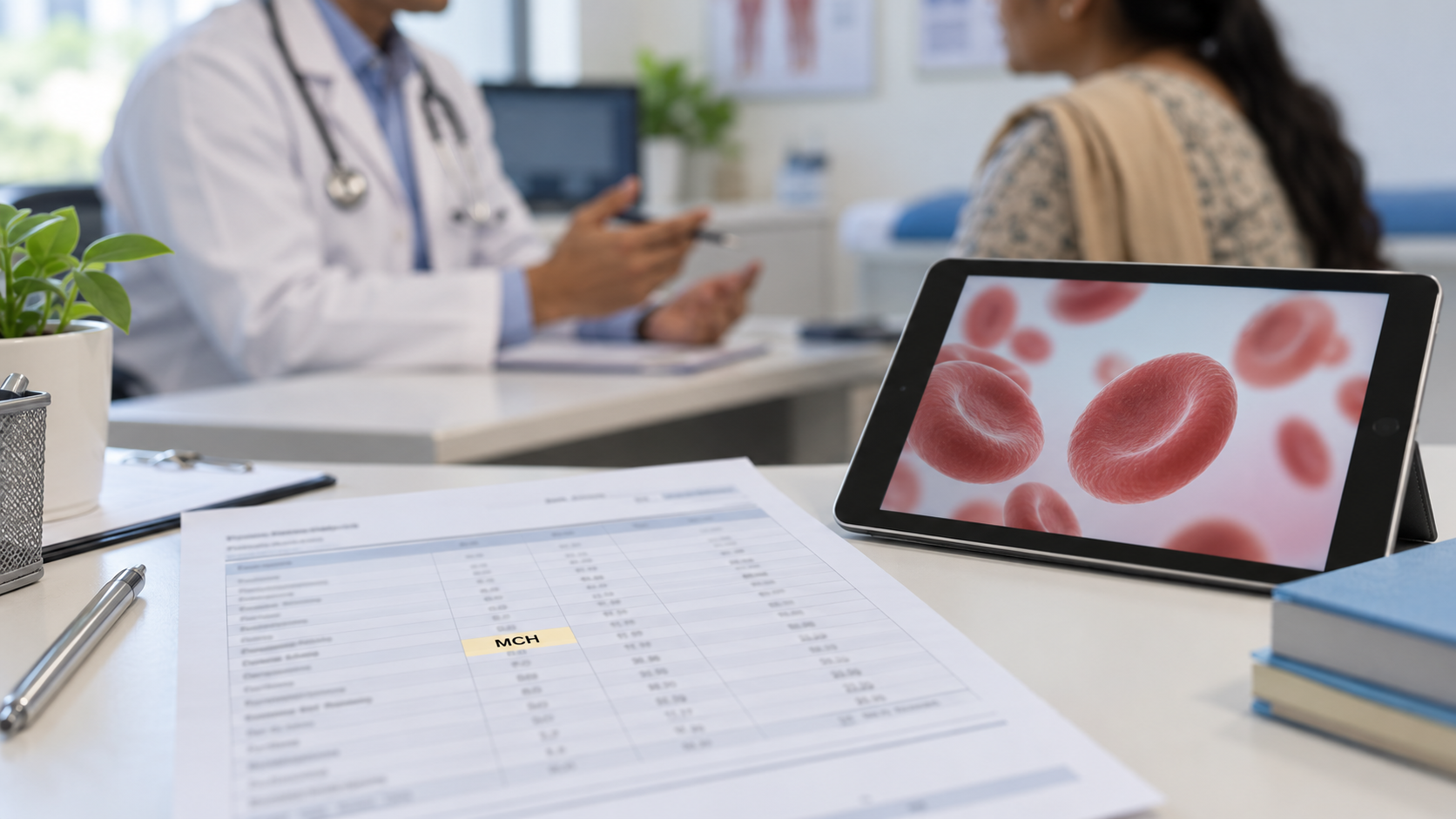 Doctor consultation desk with a CBC report and MCH highlighted
