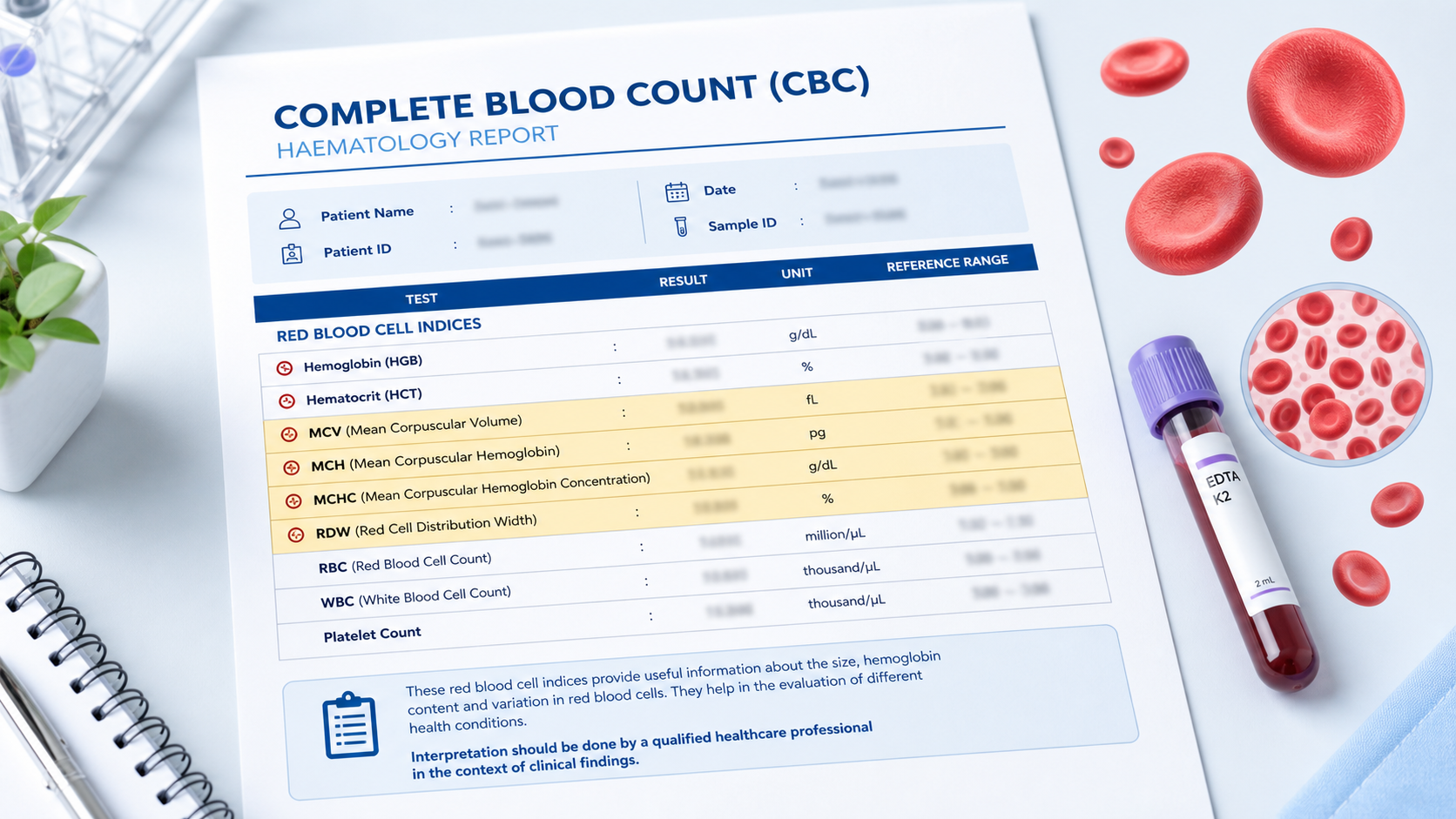 CBC report with MCHC, MCV, MCH, RDW, and hemoglobin highlighted