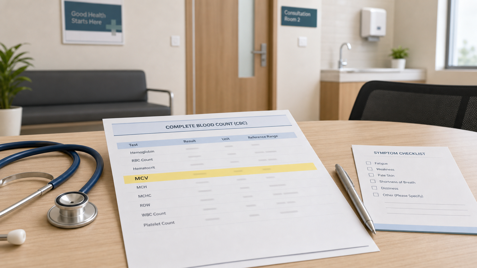 CBC blood test report with MCV highlighted on a clean hospital consultation desk