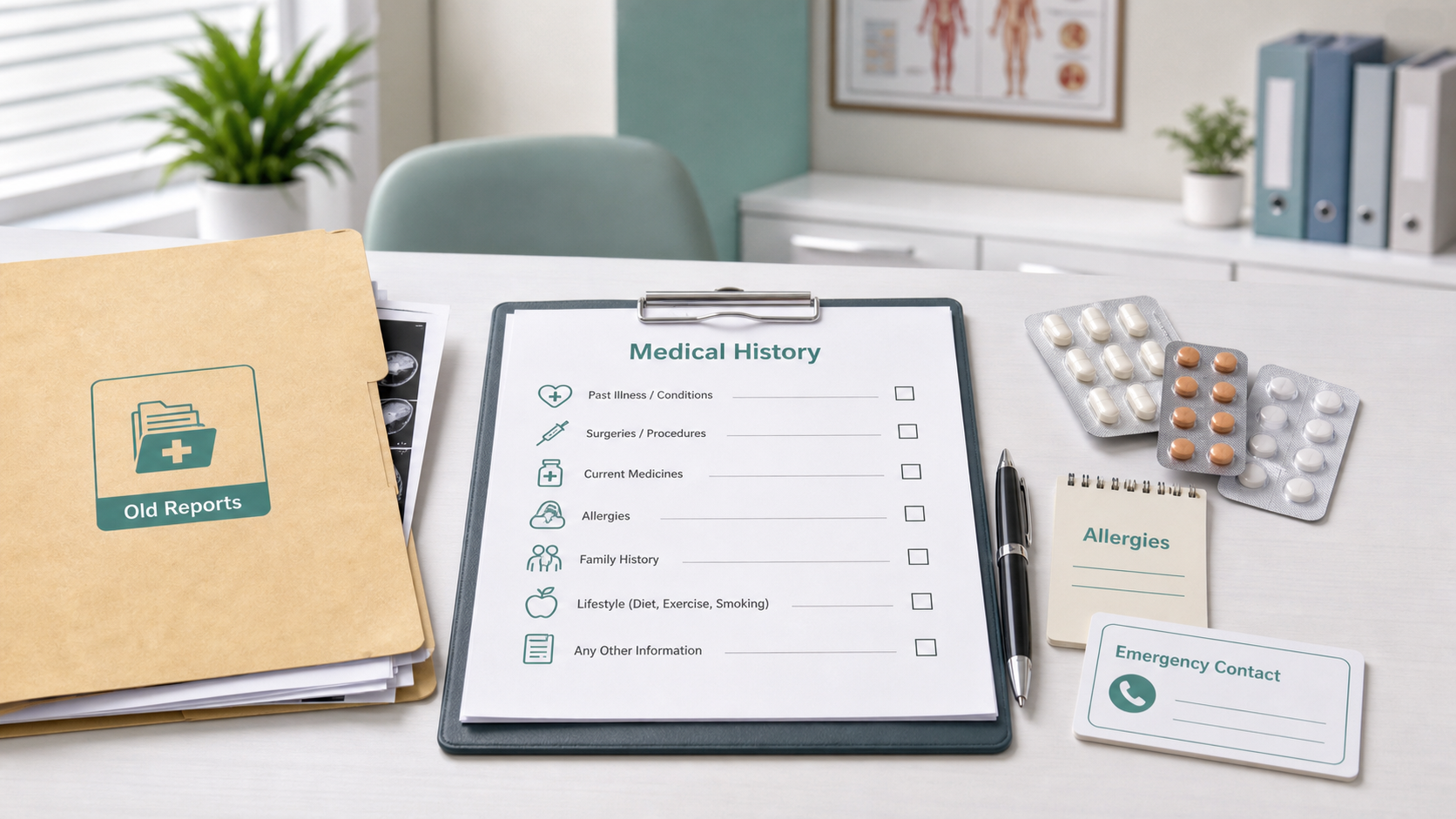 A medical history checklist with reports, medicine strips, allergy note, family contact card, and pen on a clean hospital consultation desk