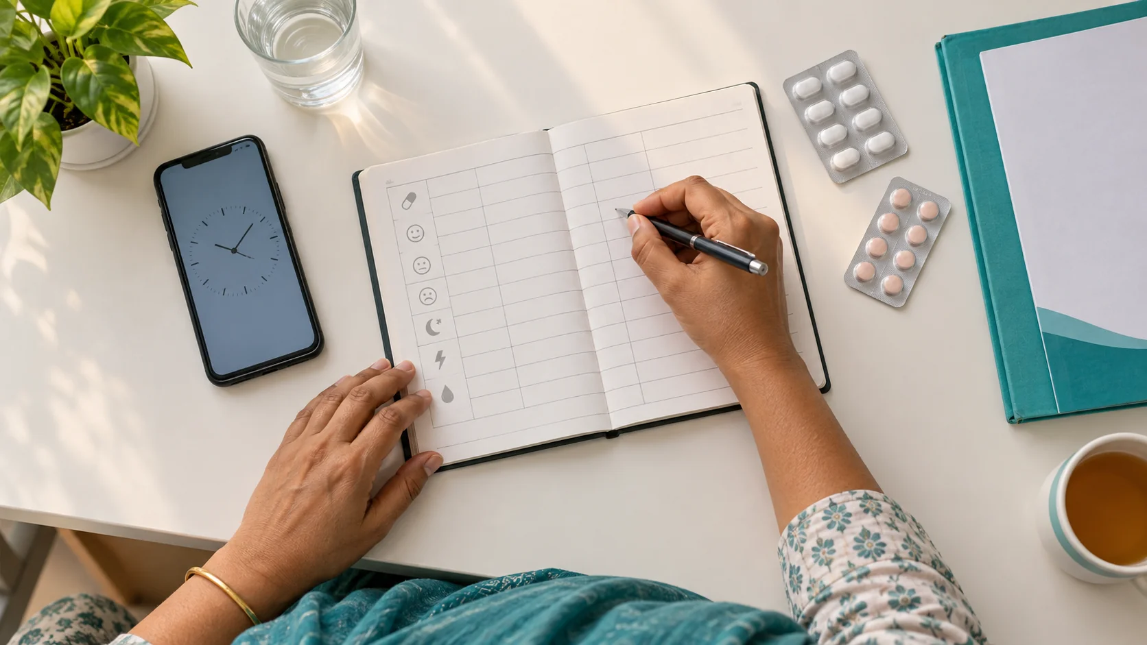 Patient completing a medication side-effect diary beside medicine packs and a medical folder