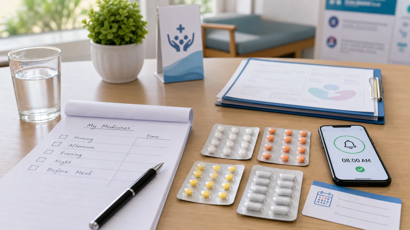 Medicine strips, prescription papers, a handwritten medicine list, and appointment card arranged on a clean hospital desk