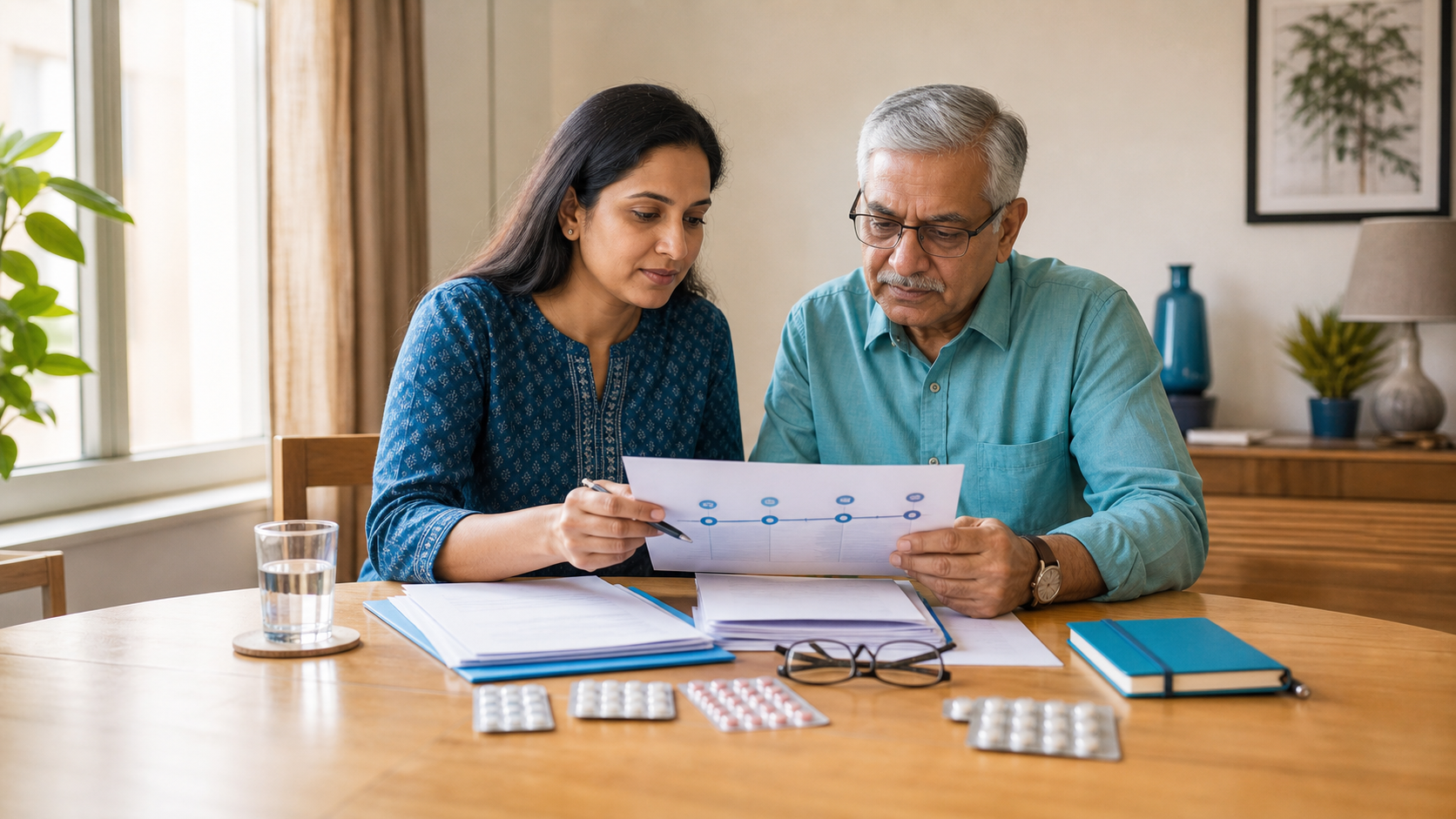 Adult daughter and older father organising a symptom timeline, medicines, and reports before a memory-loss doctor visit