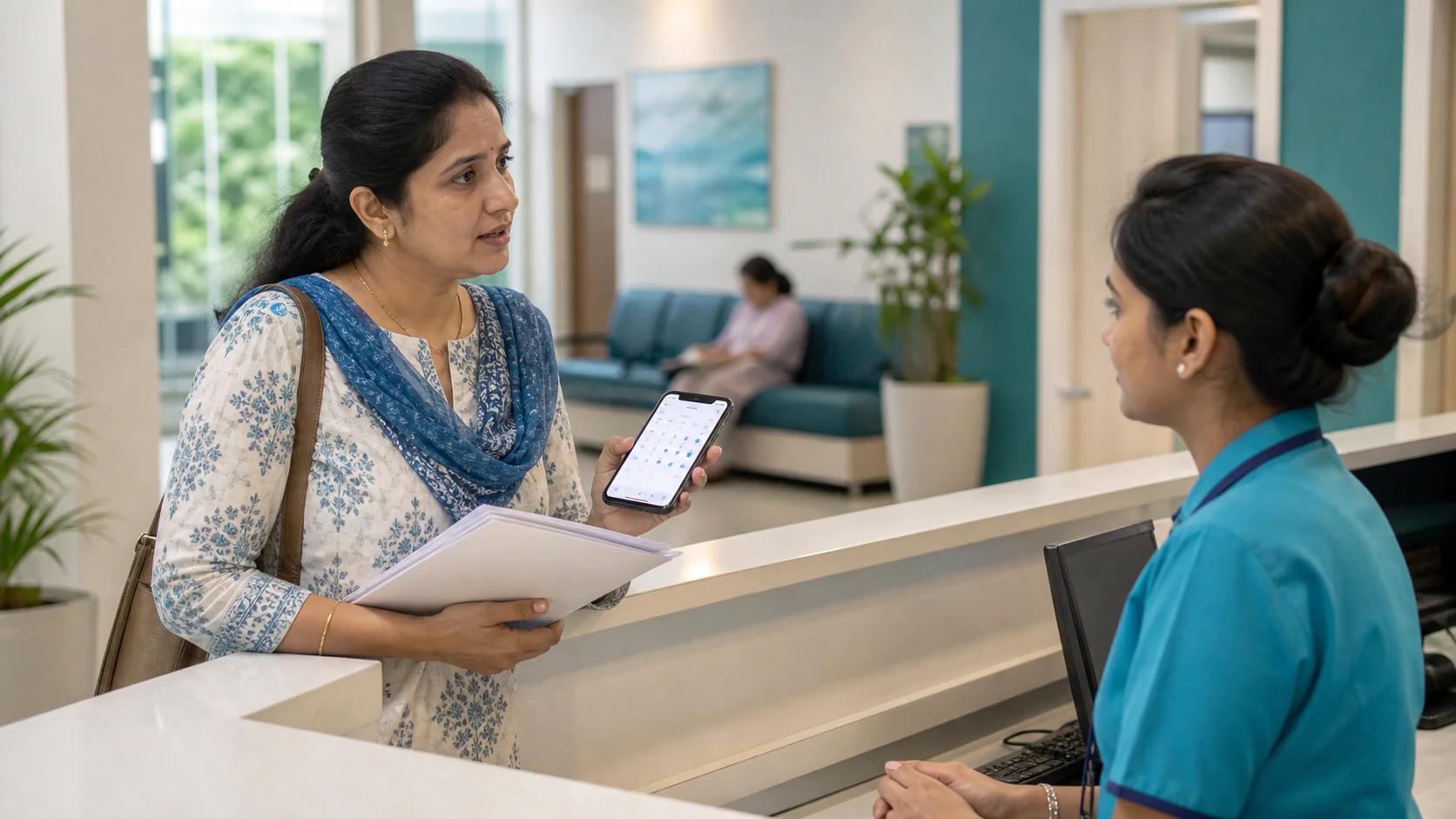 Patient with medical reports and a phone calendar speaking to a hospital receptionist after missing an appointment